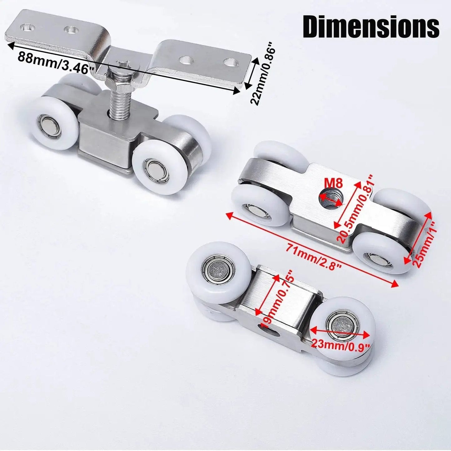 Four Wheel Stainless Steel Hanging Wheel Kit For Sliding Doors In Halls And Kitchen Cabinets Wardrobe Two Pack dimensions