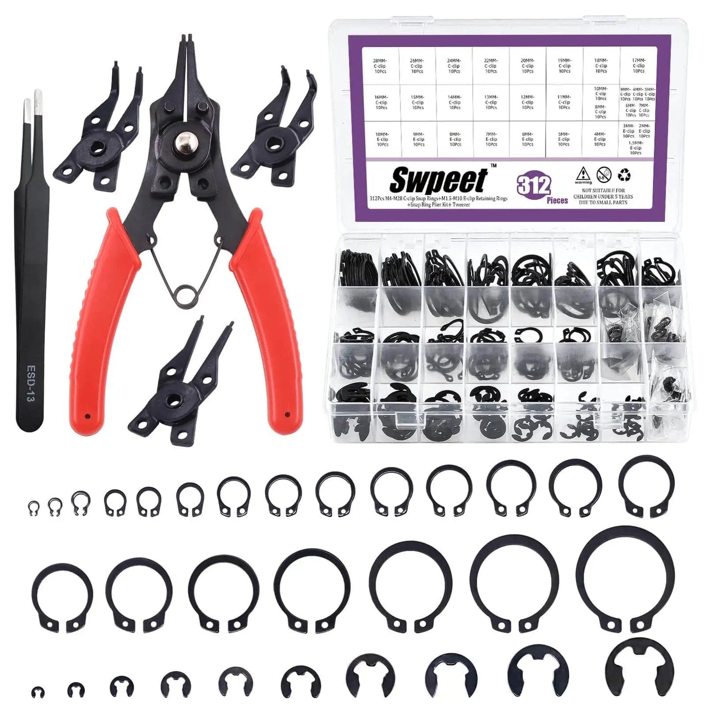 Must Have All In One Snap Ring Pliers Kit 4 In 1 With Pro Grade Alloy Steel Build M4 To M28mm C Clip External Retaining Rings 1.5 To 10mm E Clips Retaining Rings Assortment With Tweezers For Pin Clips Repair Swpeet