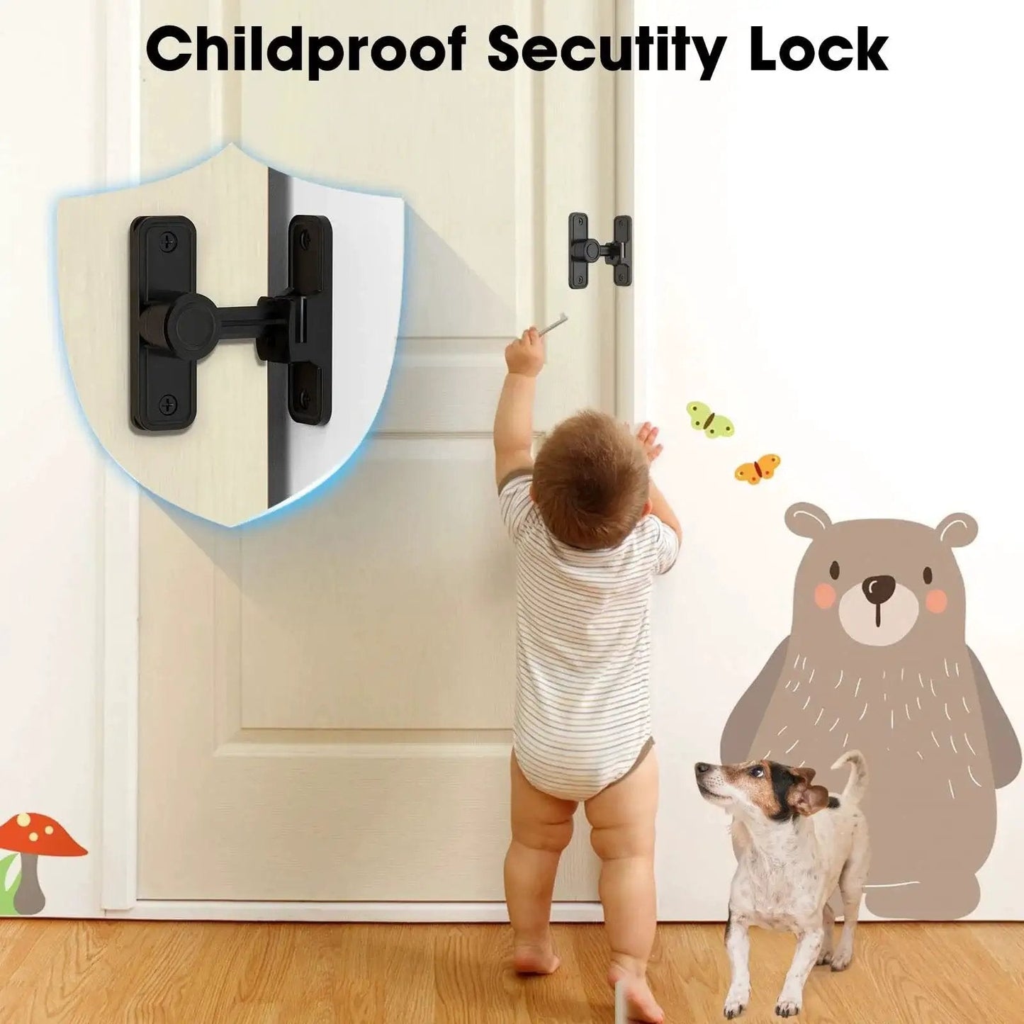 Childproof security lock on door with playful child and dog nearby, featuring a black sliding barn door lock hardware.
