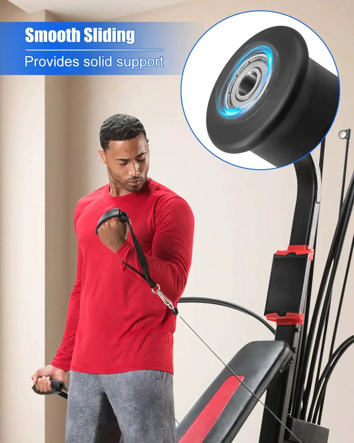 Man using home gym with Six Piece Rolling Seat Trolley Wheels Replacement For Compatible With Blaze Classic Elite Motivator 2 PR1000
