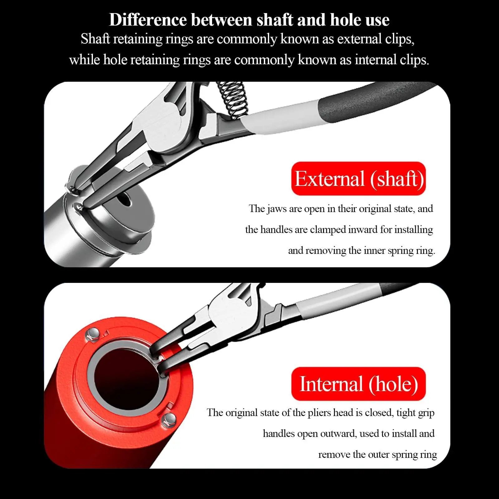 Illustration of pliers showing external and internal shaft usage for circlip installation.