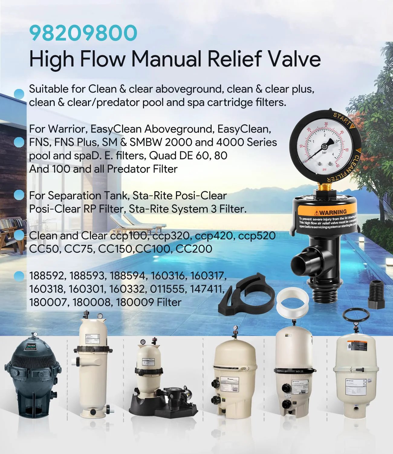 High Flow Manual Relief Valve with Integrated Pressure Gauge for Pool and Spa Cartridge Filters Replacement, front view