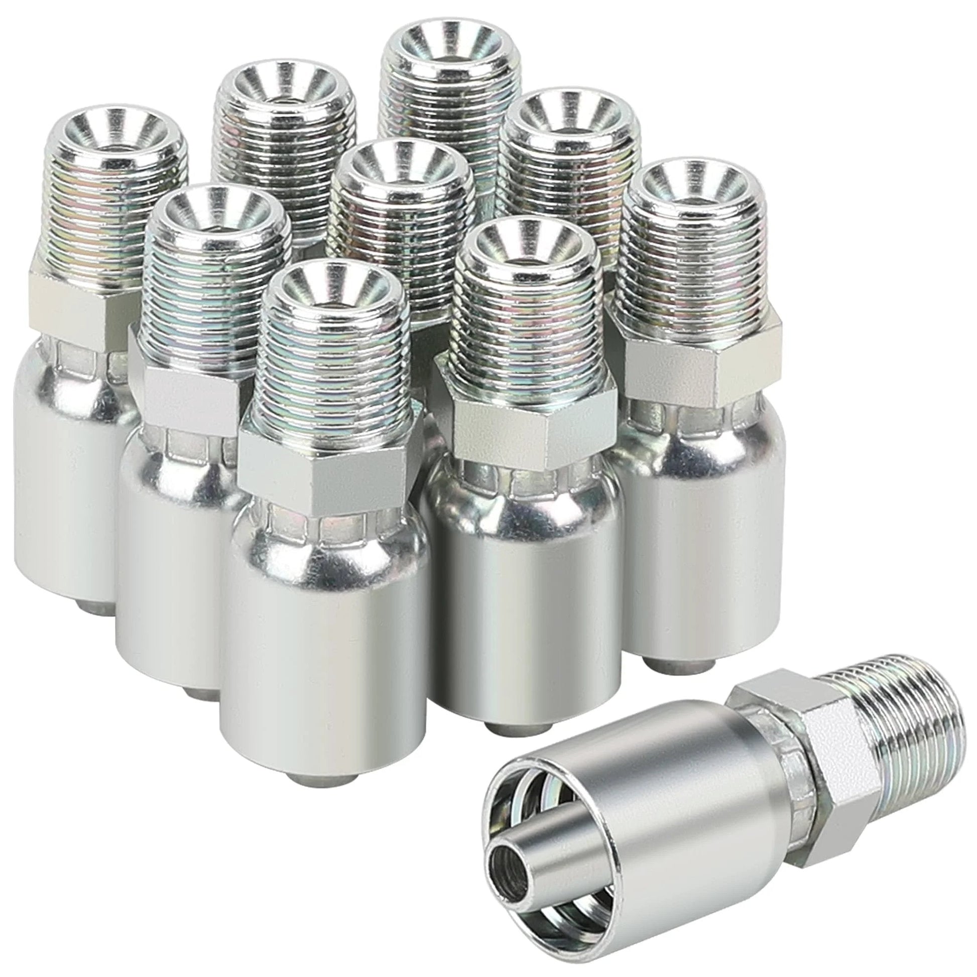 Crimp Fittings For 3/8 Inch Hydraulic Hose NPT Male End Set Of 10 For Single Wire Hydraulic Hose In Fluid Power Systems And Industrial Machinery Applications Pro Grade Heavy Duty For High Pressure Use And Petroleum Based Fluids, showing ten metal fittings.