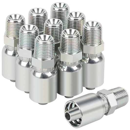 Crimp Fittings For 3/8 Inch Hydraulic Hose NPT Male End Set Of 10 For Single Wire Hydraulic Hose In Fluid Power Systems And Industrial Machinery Applications Pro Grade Heavy Duty For High Pressure Use And Petroleum Based Fluids, showing ten metal fittings.