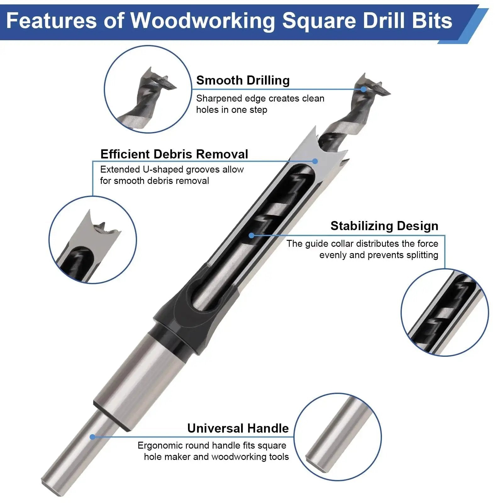 Square Hole Mortise Drill Bit Set For Mortising Machines And Drill Presses Delivers Clean Square Holes In Hardwood And Engineered Wood Not For Handheld Use Bearing Steel Six Bit Pack Pro With Inch Size Range From Quarter To Five Eighths Devvicoo showing features of smooth drilling, efficient debris removal, stabilizing design, and universal handle.