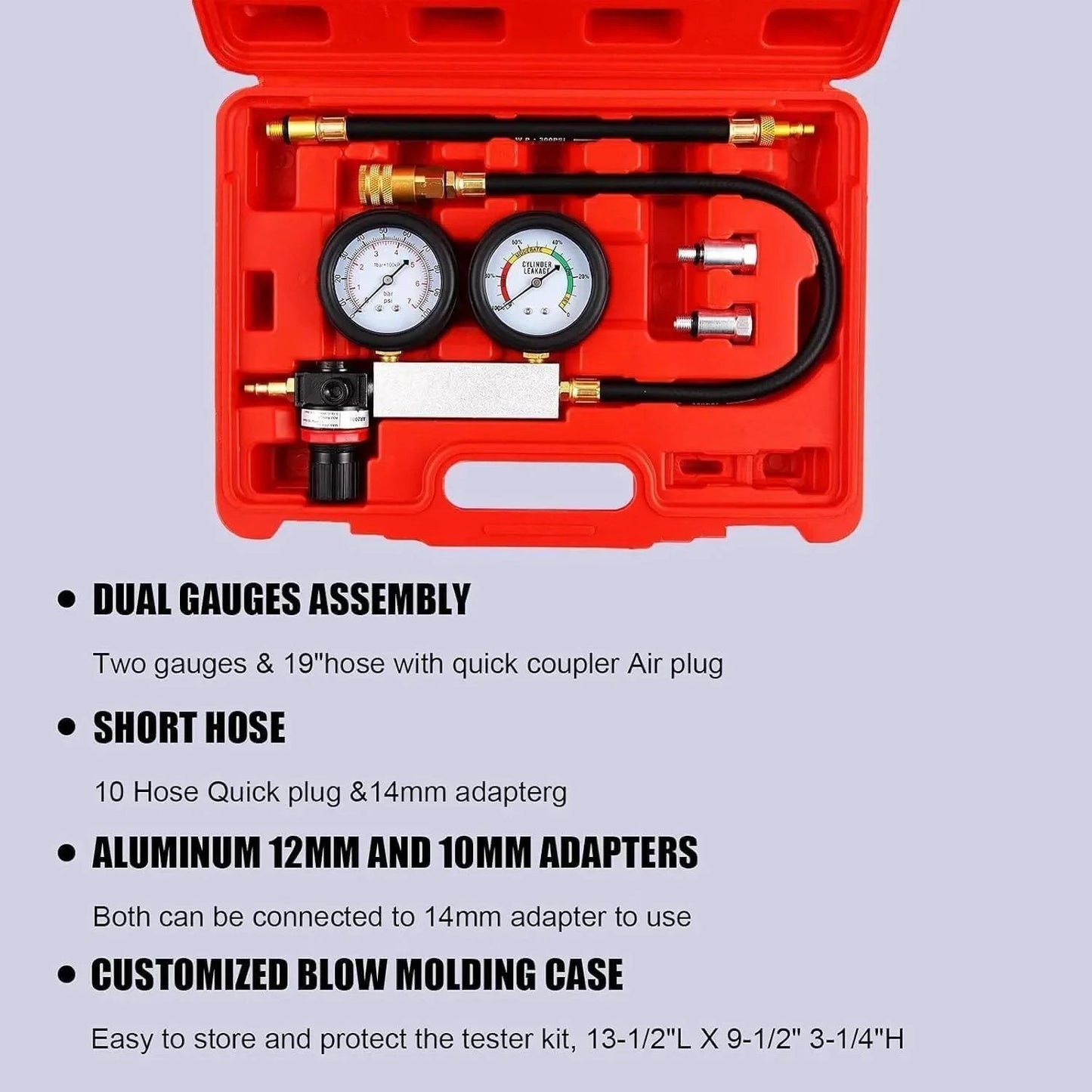 Cylinder Leak Down Tester Kit with Dual 100 PSI Gauges in red case, includes hoses and adapters for engine diagnostics