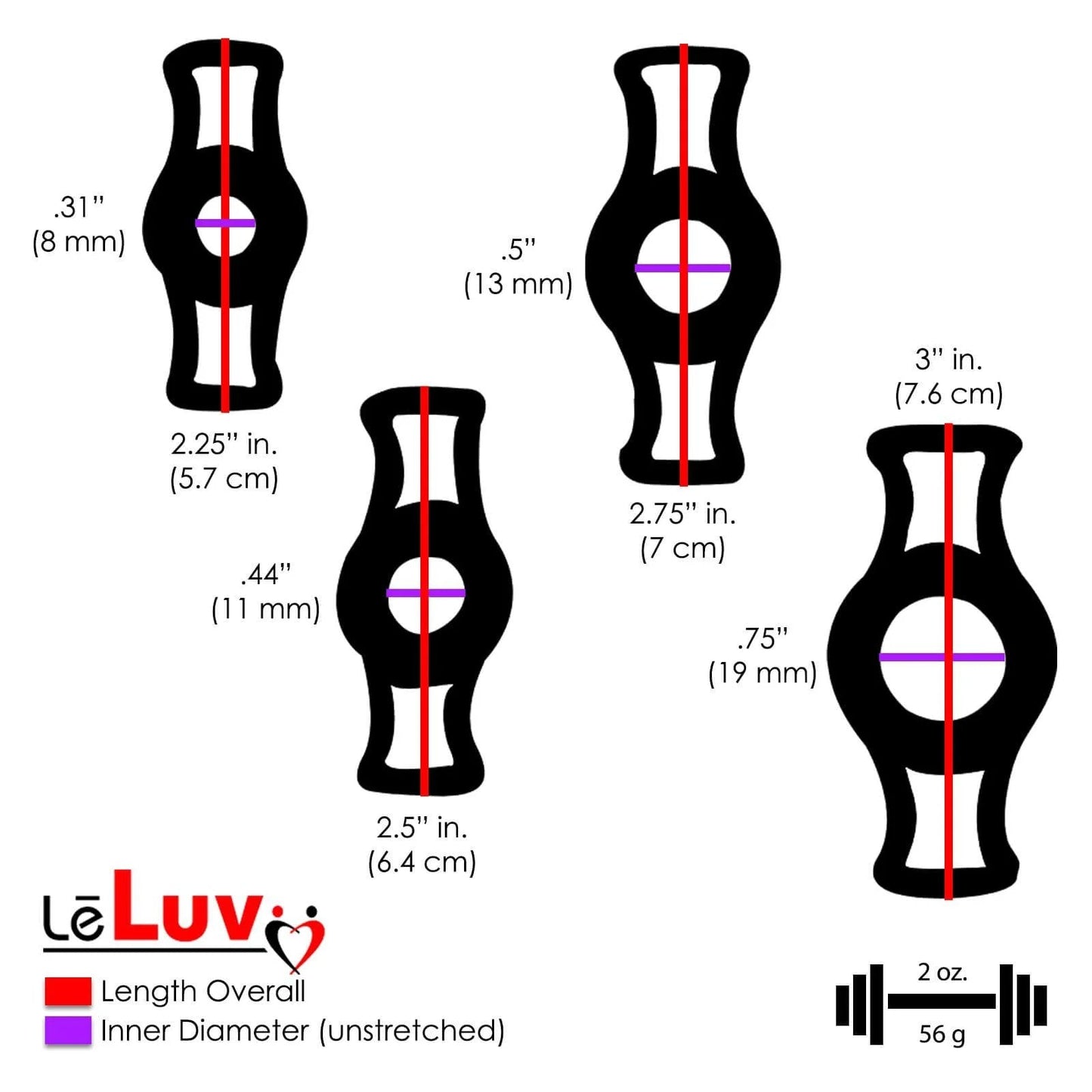 Diagram showing different sizes of LeLuv silicone donut rings with overall length and inner diameter measurements.
