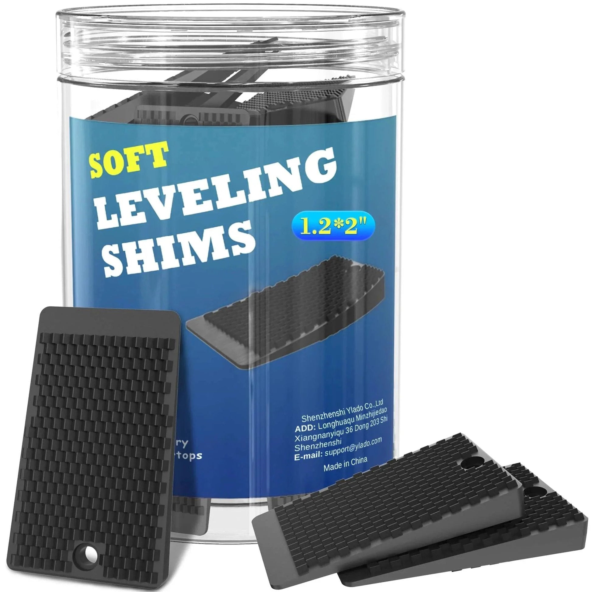 Non Slip Rubber Furniture Levelers Shims, 32 Piece Jar, 2 Inch Cuttable and Stackable Wedges in packaging
