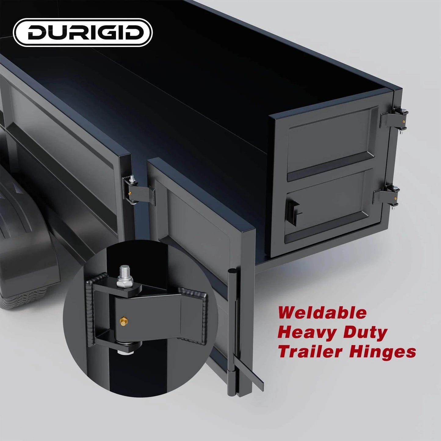 Heavy Duty Weld On Dump Trailer Hinge Set With Zerk Grease Fitting on black dump trailer, close-up of hinge detail, raw finish
