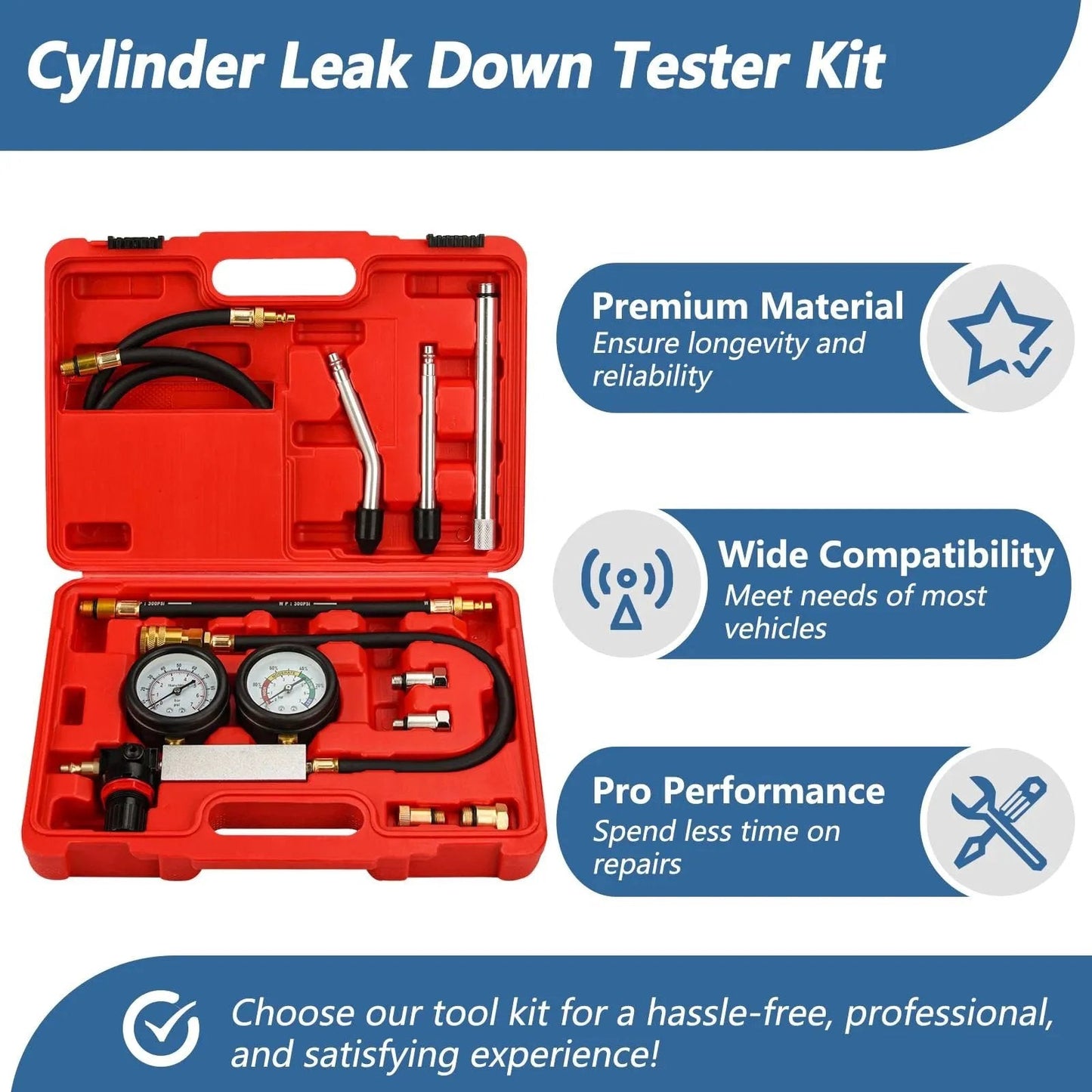 Cylinder Leak Down Tester Kit With Dual Gauge For Pressure Check And Leakage Rate Testing On Gasoline Engines Includes Universal Push On Connectors Threaded Adapters Extension Rods And Hoses in red case