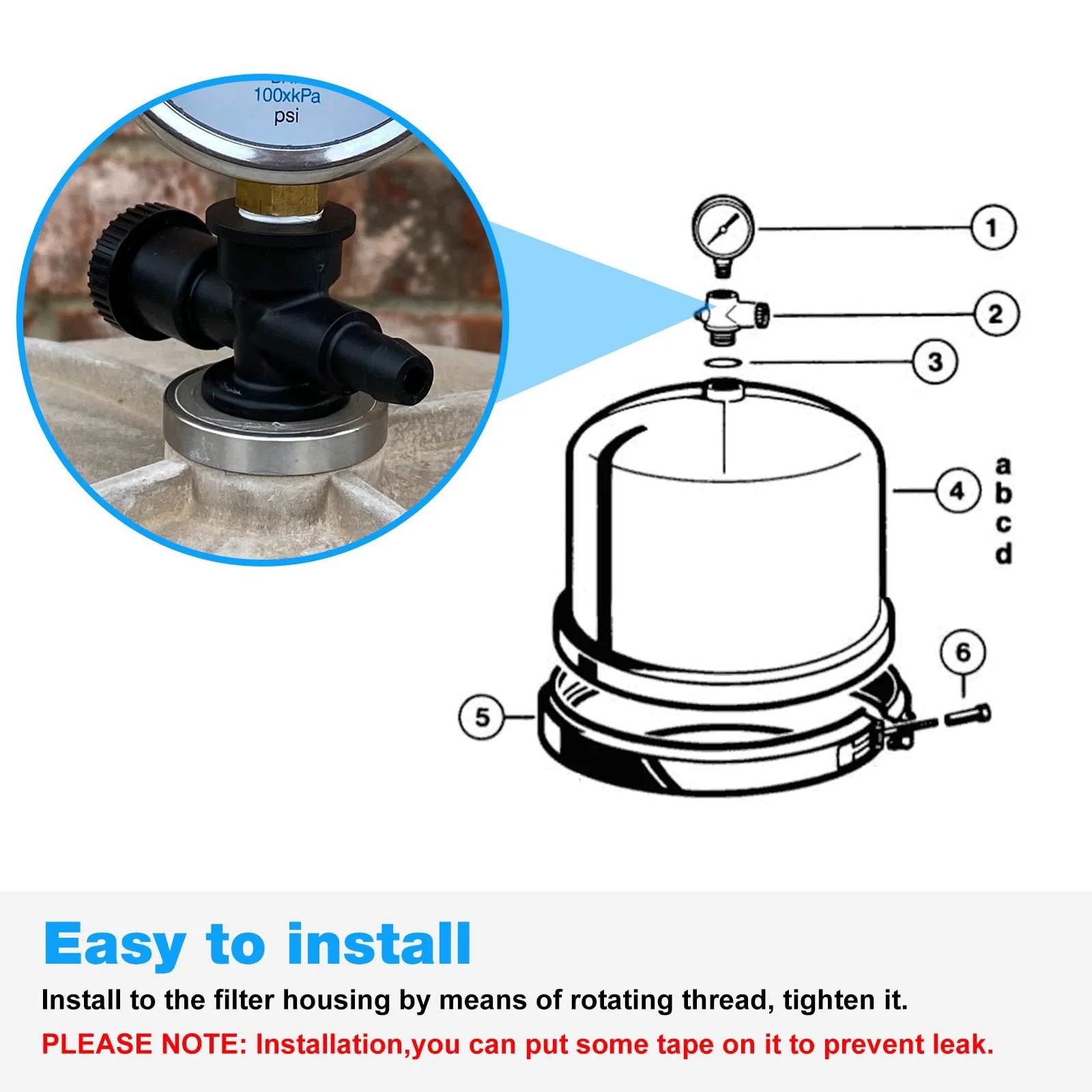 Illustration of DEX2400S Sand Filter Air Relief Valve Assembly Replacement For Hayward ProGrid DE Pool Spa Filter Air Gauge Relief Adapter, shown with easy installation instructions.