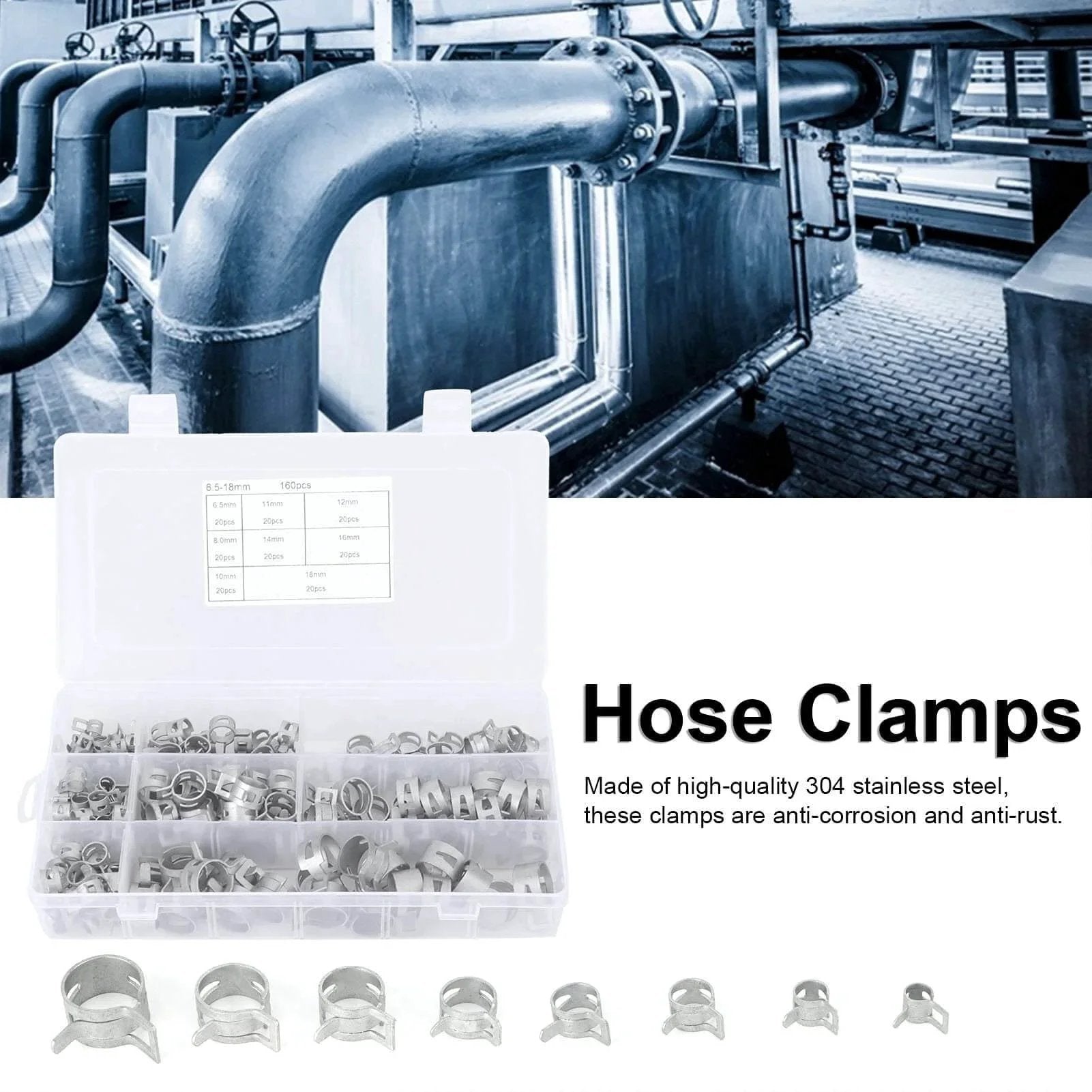 160Pcs 304 Stainless Steel Spring Clips Hose Clamps Set In Eight Sizes 6.5 To 18 Millimeter for Fuel Petrol Pipe Hose Cable Clamps