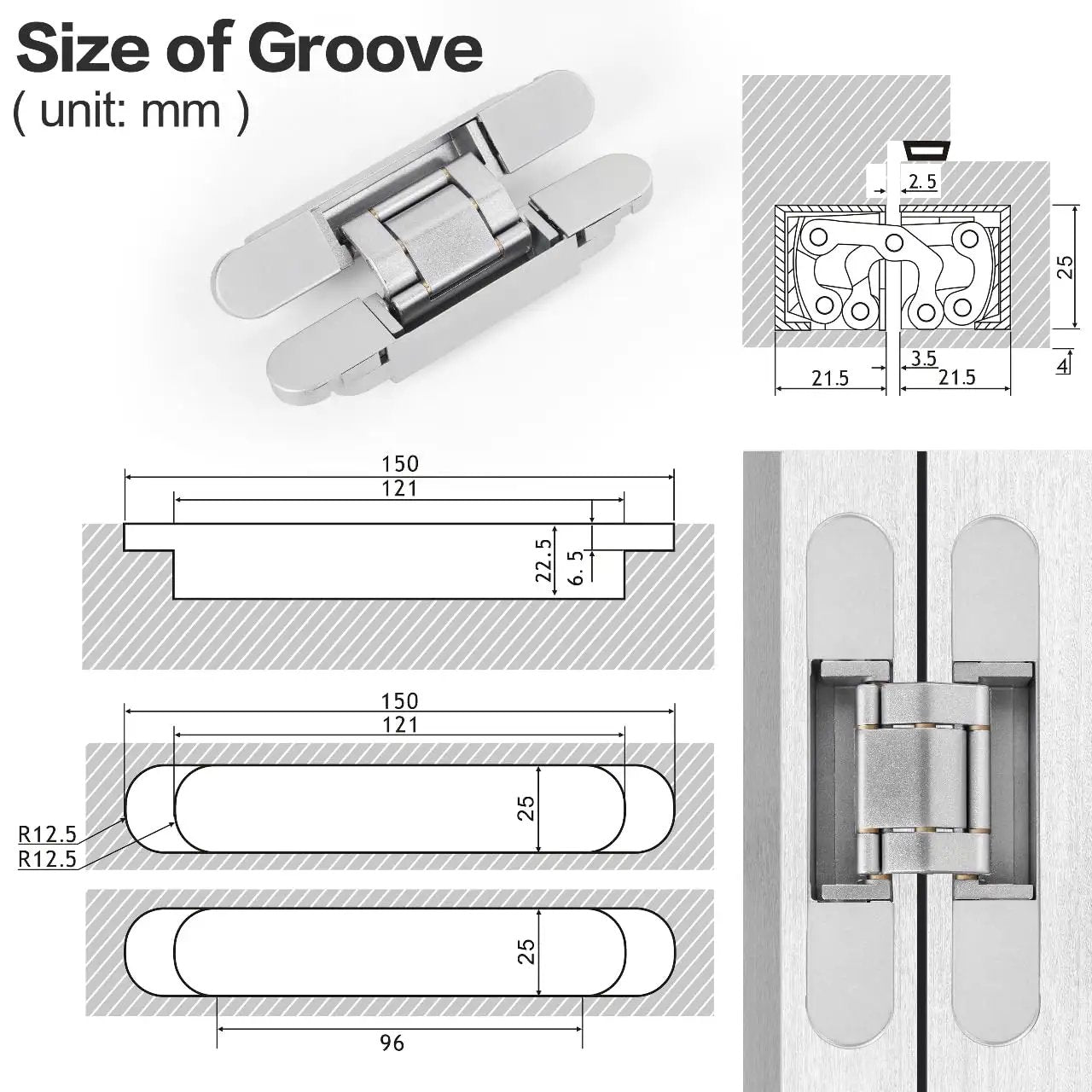 Diagram of Hidden Door Hinges 7 Inch Stainless Steel Concealed Hinges For Doors With 180 Degree Swing And 3 Way Adjustable Heavy Duty