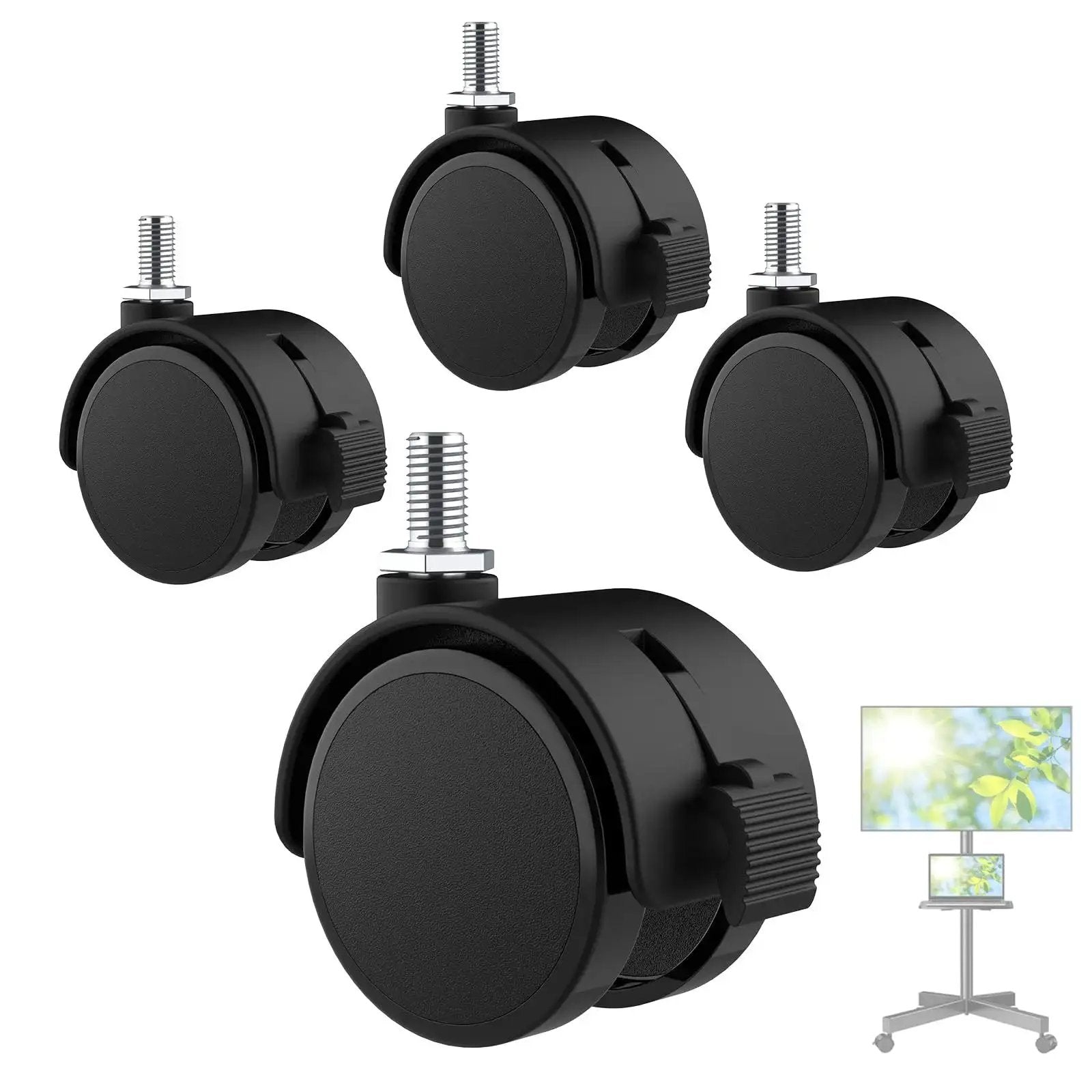Four Pack Two Inch TV Stand Wheels With M8 Threaded Stem Swivel Casters With Locking Brakes displayed with TV stand