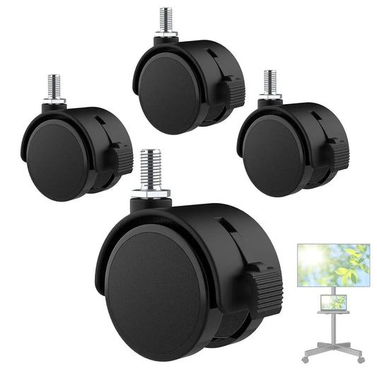 Four Pack Two Inch TV Stand Wheels With M8 Threaded Stem Swivel Casters With Locking Brakes displayed with TV stand