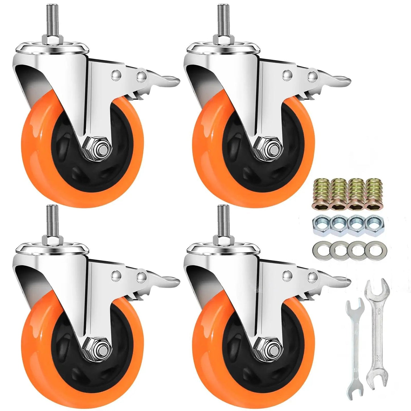 Heavy Duty Stem Casters Swivel Wheels With Threaded Stem Three Eighths Inch By Sixteen Threads By One Inch Thread Dual Locking Brakes Set Of Four For Industrial Machines Tools And Heavy Equipment Mobile Caster Kit