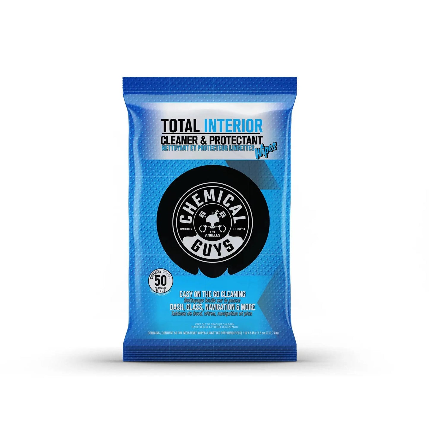 Total Interior Cleaner And Protectant Wipes Mega 50 Pack For Cars Trucks SUVs Motorcycles RVs And More Safe Easy Clean Up No Mess For All Surfaces By Chemical Guys, front view of packaging.
