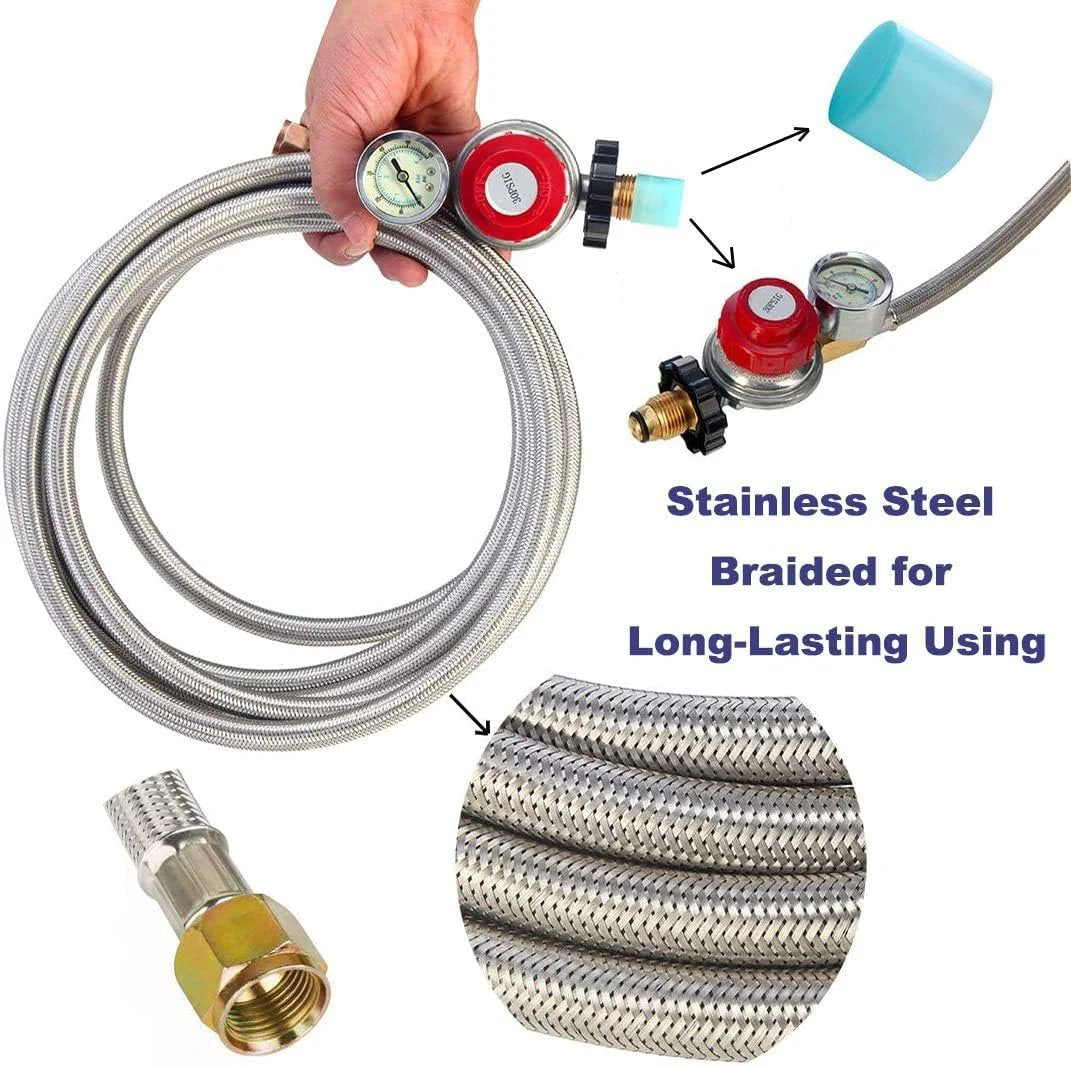 High Pressure Propane Regulator With Gauge And 12 Ft Stainless Steel Braided Hose Adjustable 0 To 30 PSI POL Connector