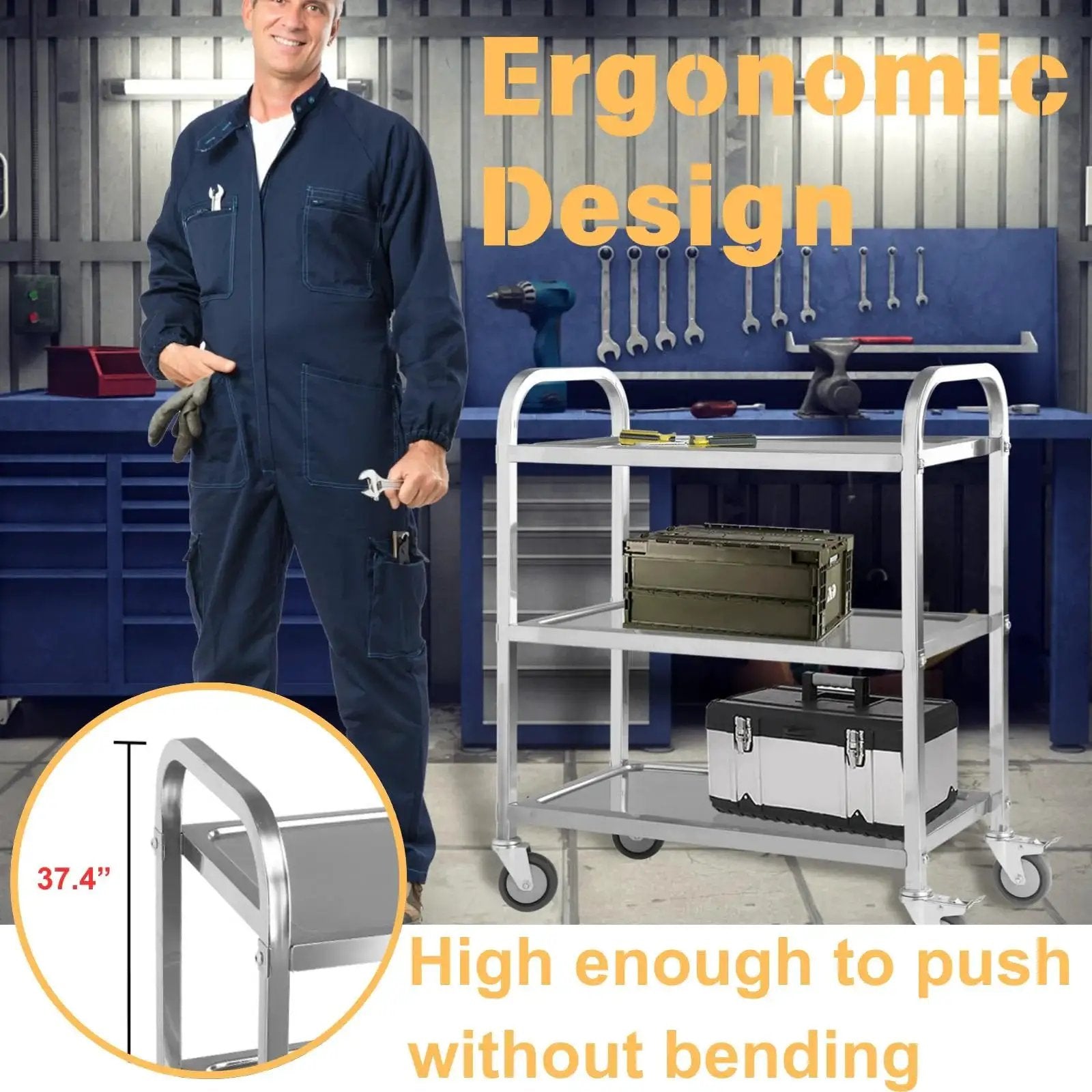 Three Shelf Stainless Steel Serving Cart With Wheels 400 Lb Capacity in work setting, showcasing ergonomic design features and tool storage.