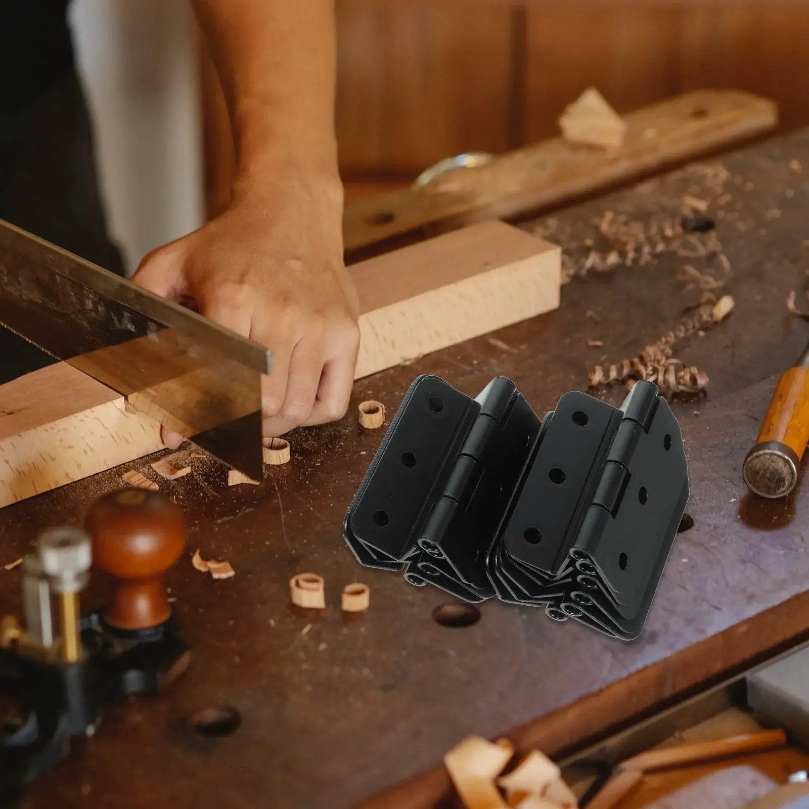 Heavy Duty Iron Cabinet Hinges 10 Piece Pack for Doors and Cabinets, Rust Resistant Box Hinges Replacements on workbench