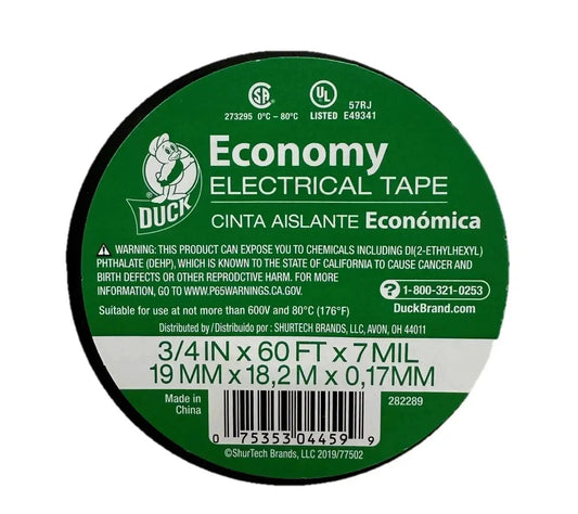 Front view of Economy Electrical Tape Three Quarter Inch Black Vinyl 60 Feet 7 Mil UL CSA, with label information visible