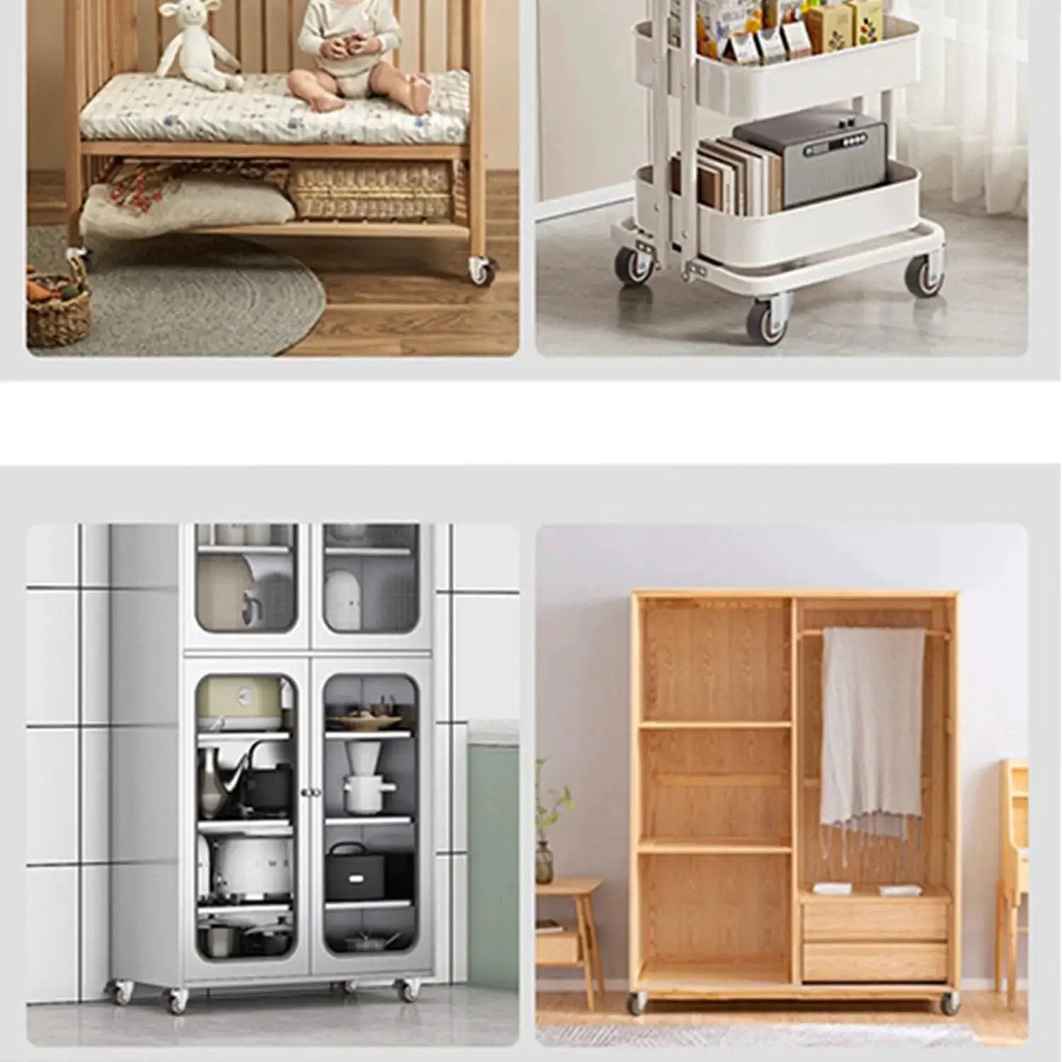 Furniture pieces with stem casters, showcasing 360 degree swivel TPR wheels for mobility on carts, dollies, and workbenches.