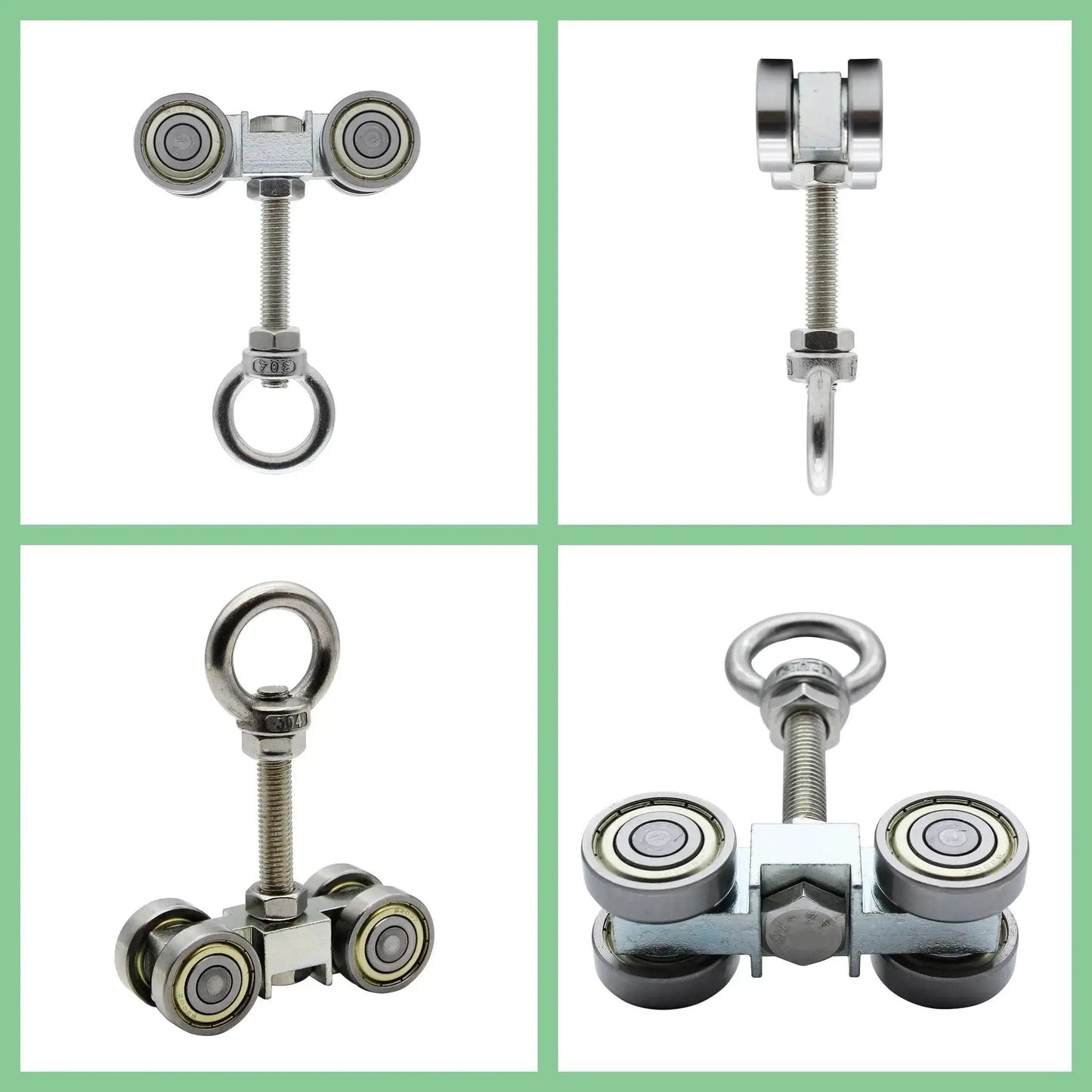 Four Wheel Trolley Assembly With Super Silent Pulley And M10 Bolt Plus Lifting Eye Nut For Use With One And Five Eighths Inch Wide And Taller Strut Channels Pack Of Two Heavy Duty Construction For Versatile Industrial Use And Smooth Quiet Operation, shown from various angles.