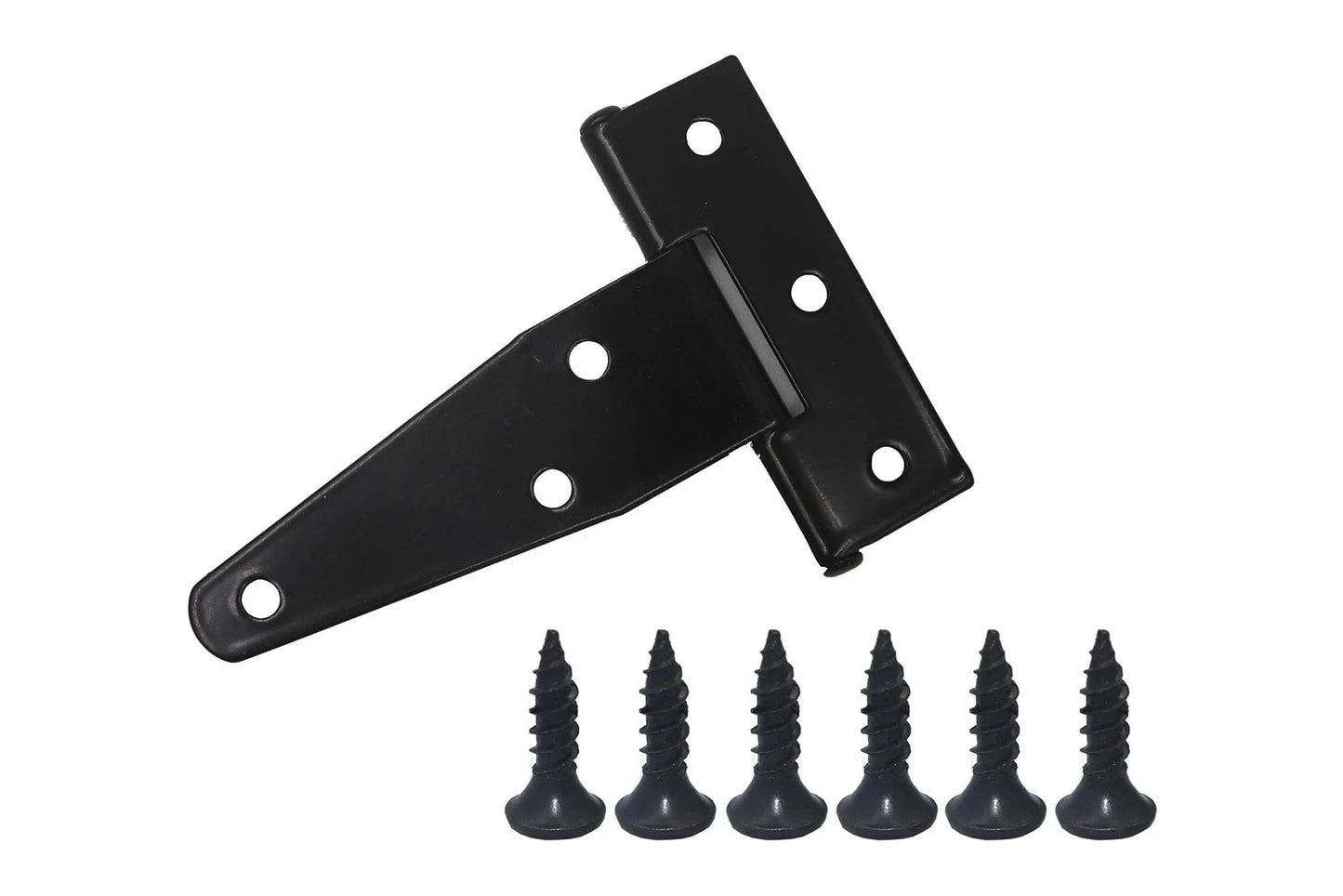 Eight Pieces Four Inch Galvanized T Shaped Hinge Set including screws, black iron with imitation galvanized coating, corrosion resistant.