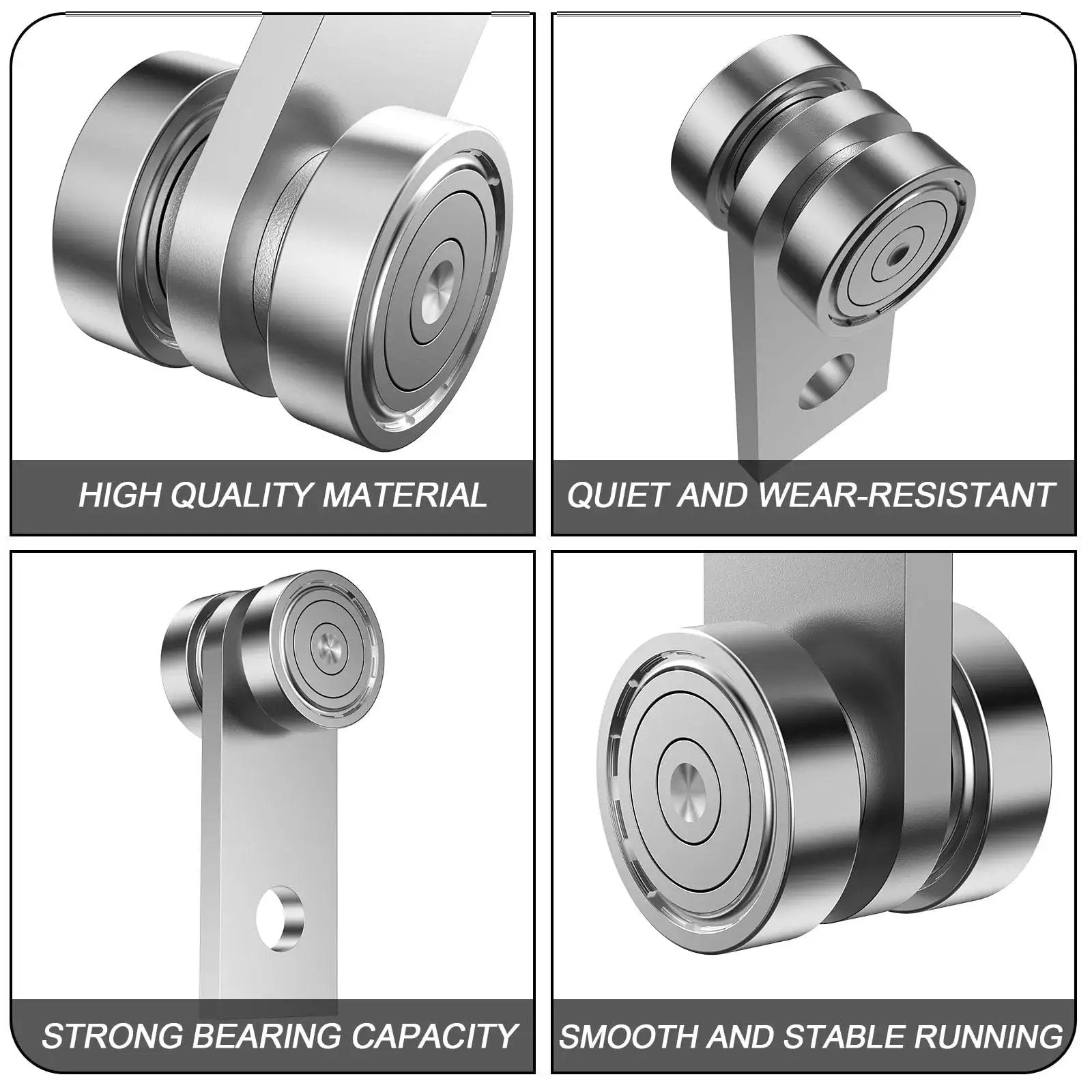 Silver two-wheel trolley rollers for 1-5/8 inch strut channel, close-up, showcasing high-quality hot rolled carbon steel material.