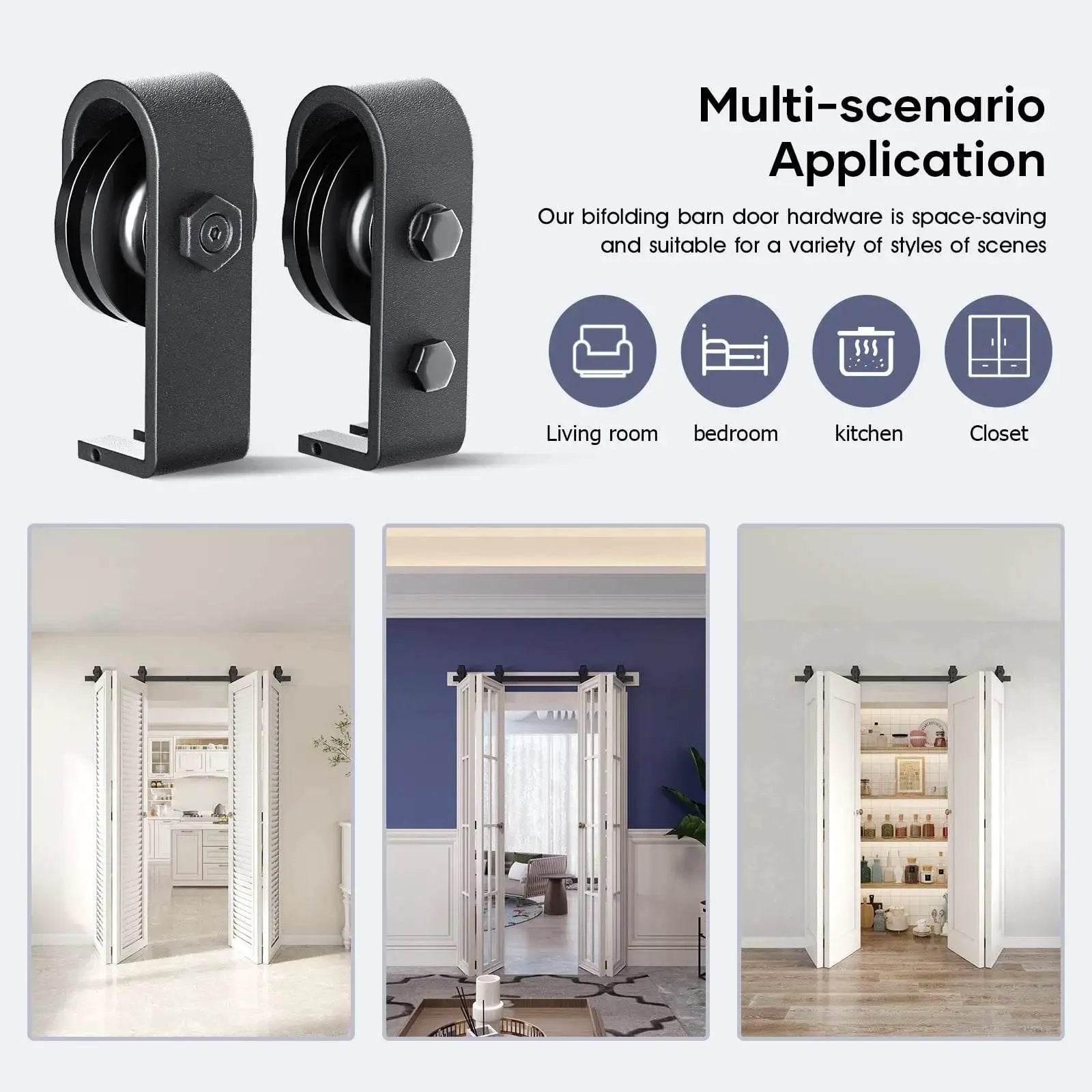 64 Inch Bifold Barn Door Hardware Track Kit For Four 15 Inch Closet Doors Top Mount Sliding System with heavy duty black rollers