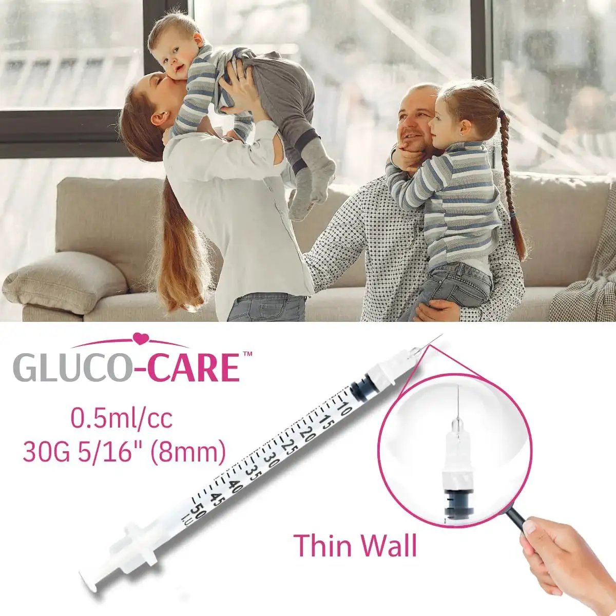 0.5ml Syringes 30G 5/16 Inch 8mm Leak-Proof With Clear Dosage Scale displayed with family in background
