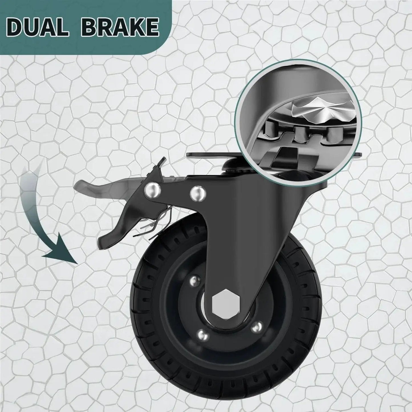 Close-up of 4 inch swivel caster wheel with dual brakes, solid rubber with cast iron rim, plate mounted for carts and trolleys.