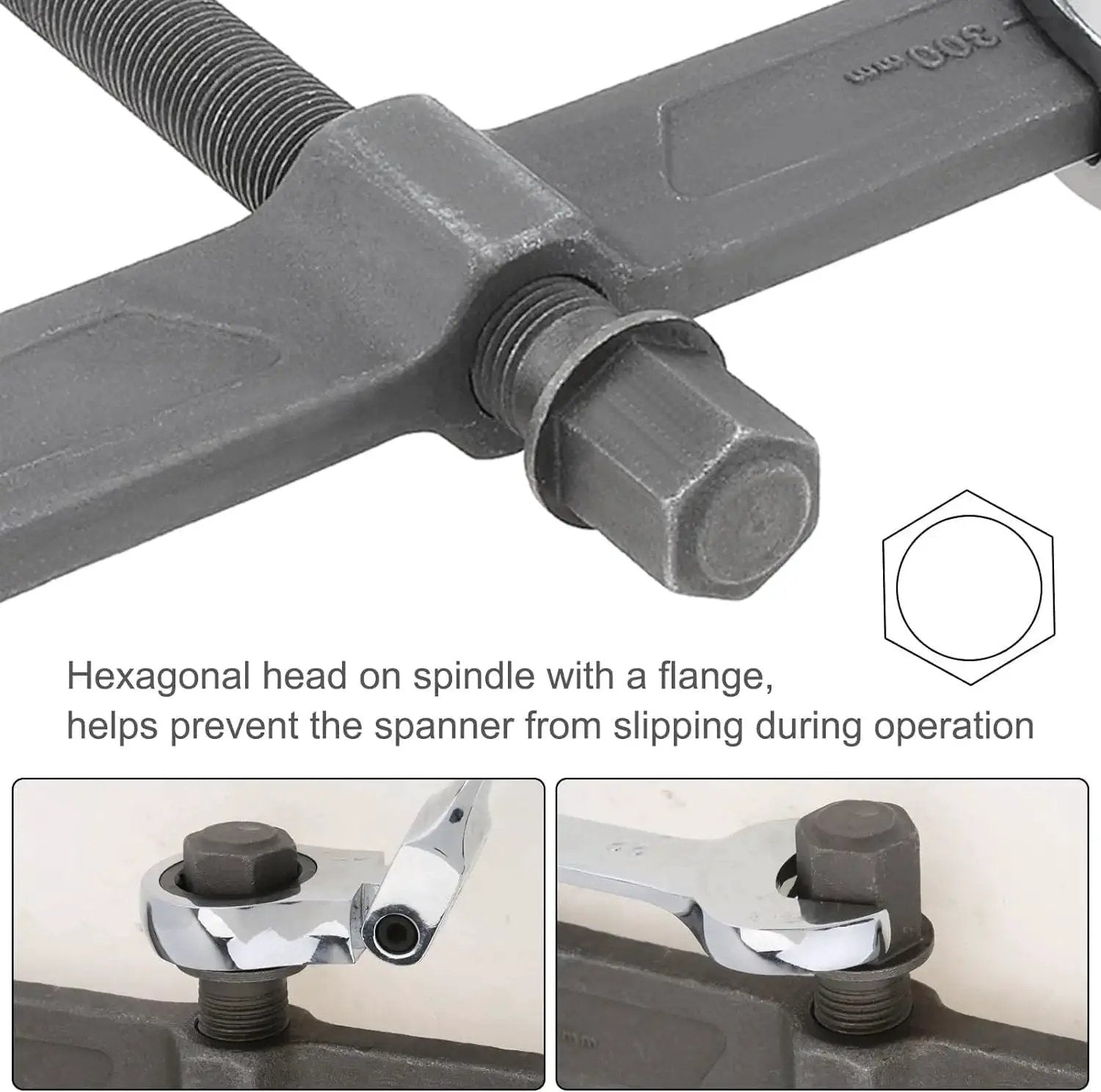 Close-up of hexagonal spindle head on 12 Inch Two Jaw Gear Puller for secure operation