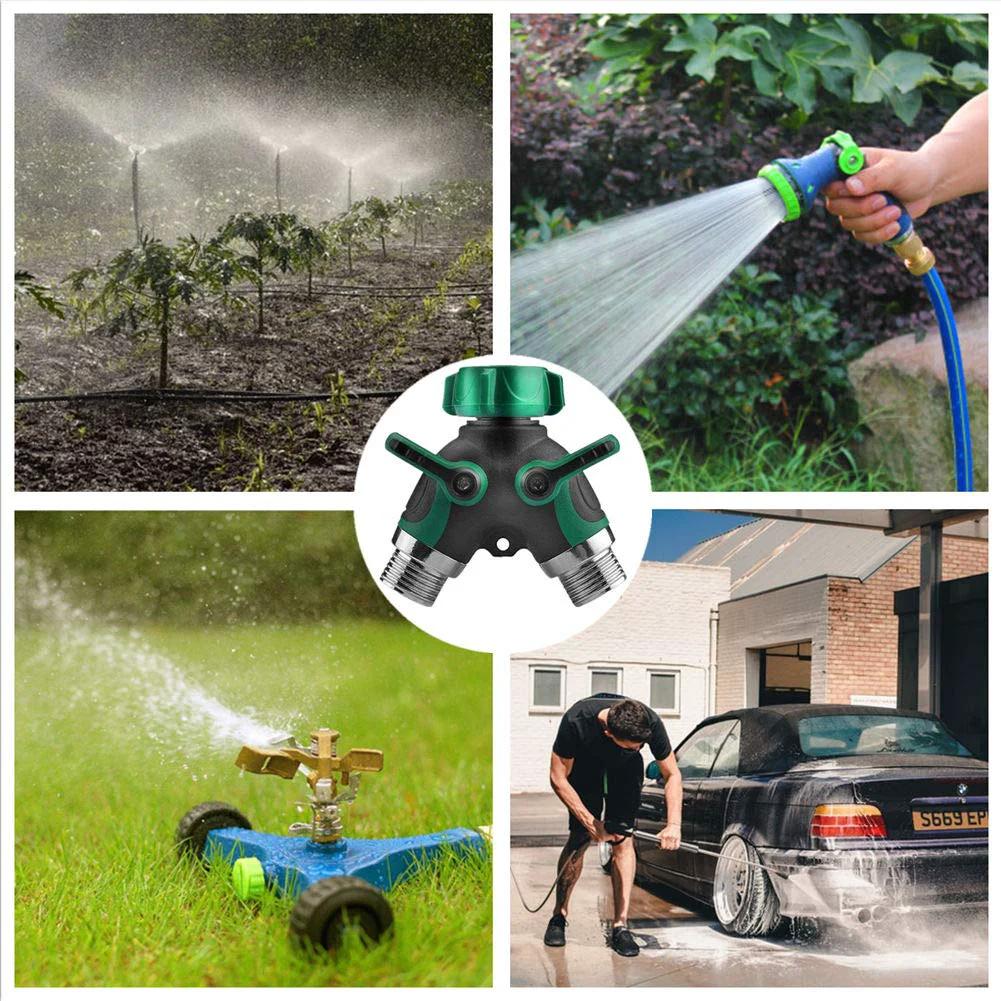 Garden Hose Splitter 2 Way With Long Handle Shut Off Valve Double Y Connector used in watering plants, lawn, and car wash
