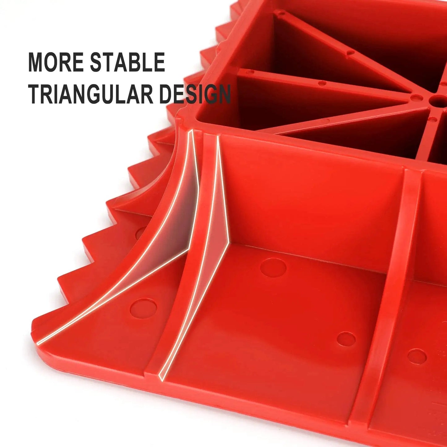 Close-up of red heavy-duty PP Off Road Base Jack Stand showing stable triangular design for hoist sinkage prevention.