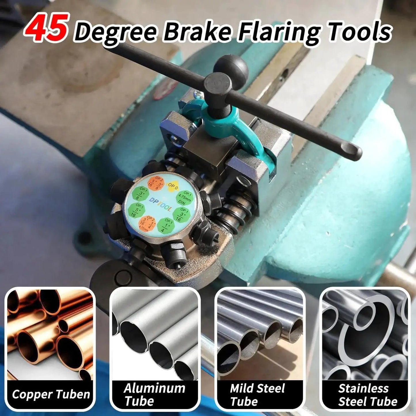 45 Degree Brake Line Flare Tool Kit For 3/16 To 3/8 Inch Tubing on vise, showing tool on multi-material metal tubes.