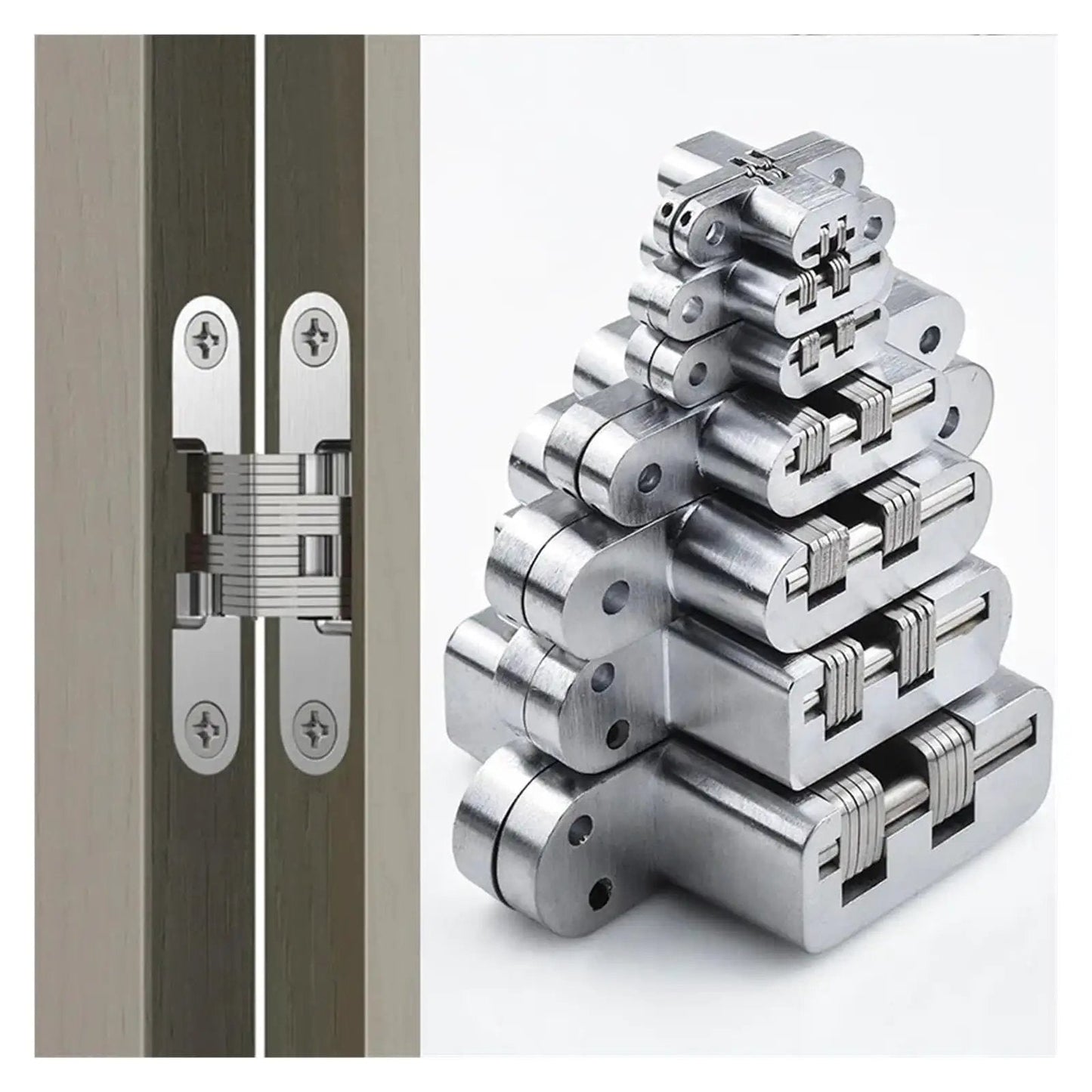 Adjustable Concealed Door Hinges For 180 Degree Folding Doors In Stainless Steel Built In Heavy Duty Quiet Operation Smooth Door Handling Durable Construction And Versatile Stability By Cross Gemel, stack and installed view
