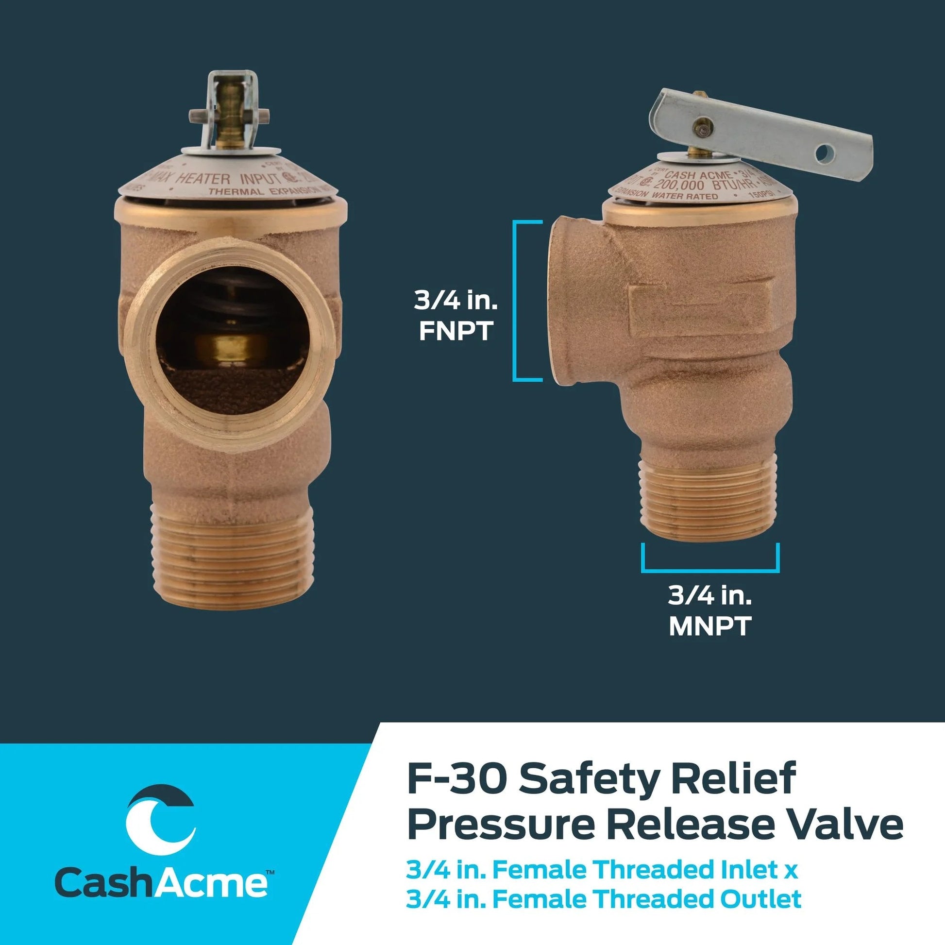 Three Quarter Inch F 30 Safety Relief Valve For Hot Water Heaters And Boilers Brass Push To Connect Pressure Release Fitting For Storage Tanks And Water Heaters Reliable Brass Plumbing Valve Model 20166 0030 By Cash Acme