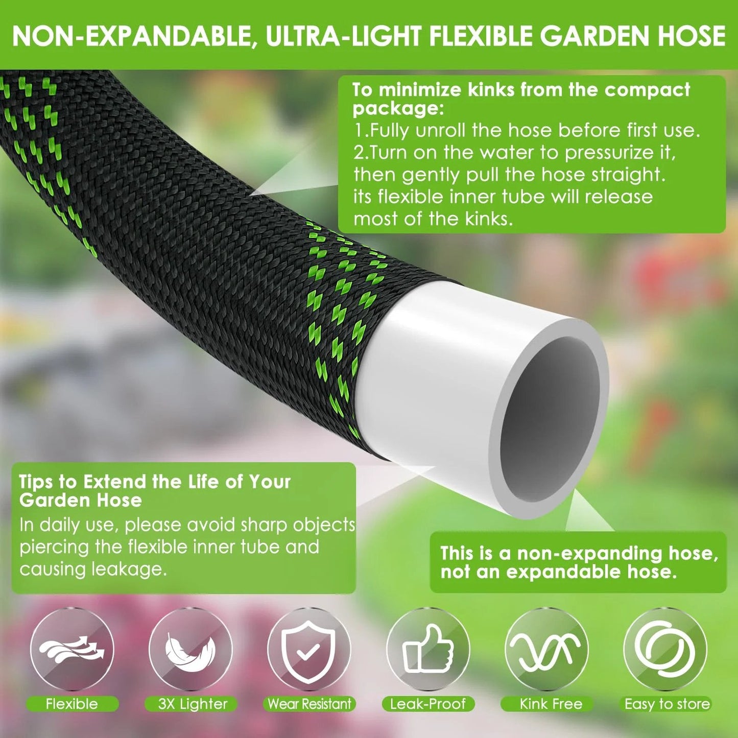 Ultra Lightweight Non Expanding Garden Hose 100 Ft With 10 Pattern Spray Nozzle Kink Free Leak Proof 3750D High Density Fabric
