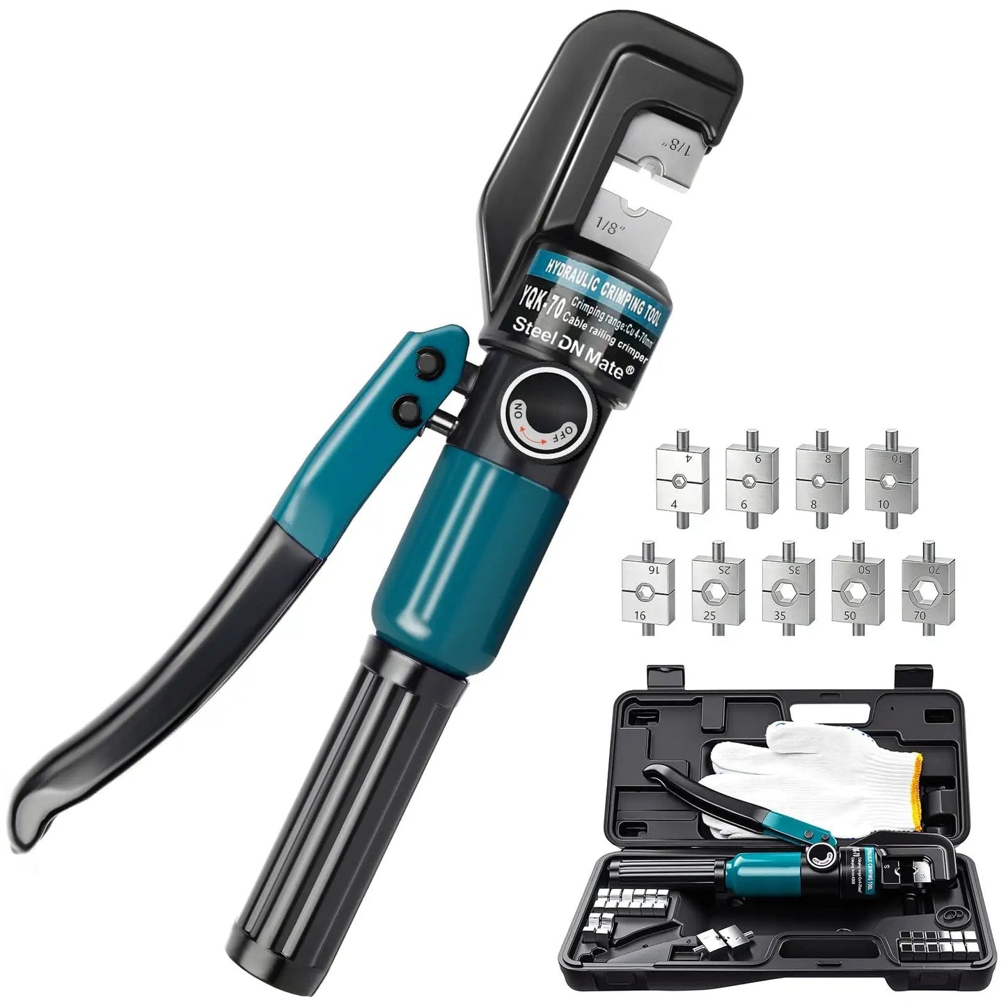 Hydraulic Crimping Tool With Nine Hardened Dies For Stainless Steel Cable Railing, Built To Last From Tough Steel, Lets You Crimp One Eighth To Three Sixteenths Inch Cable Like A Boss, Works Great On DC01 Battery Cables, Smooth Precise Crimp Every Time