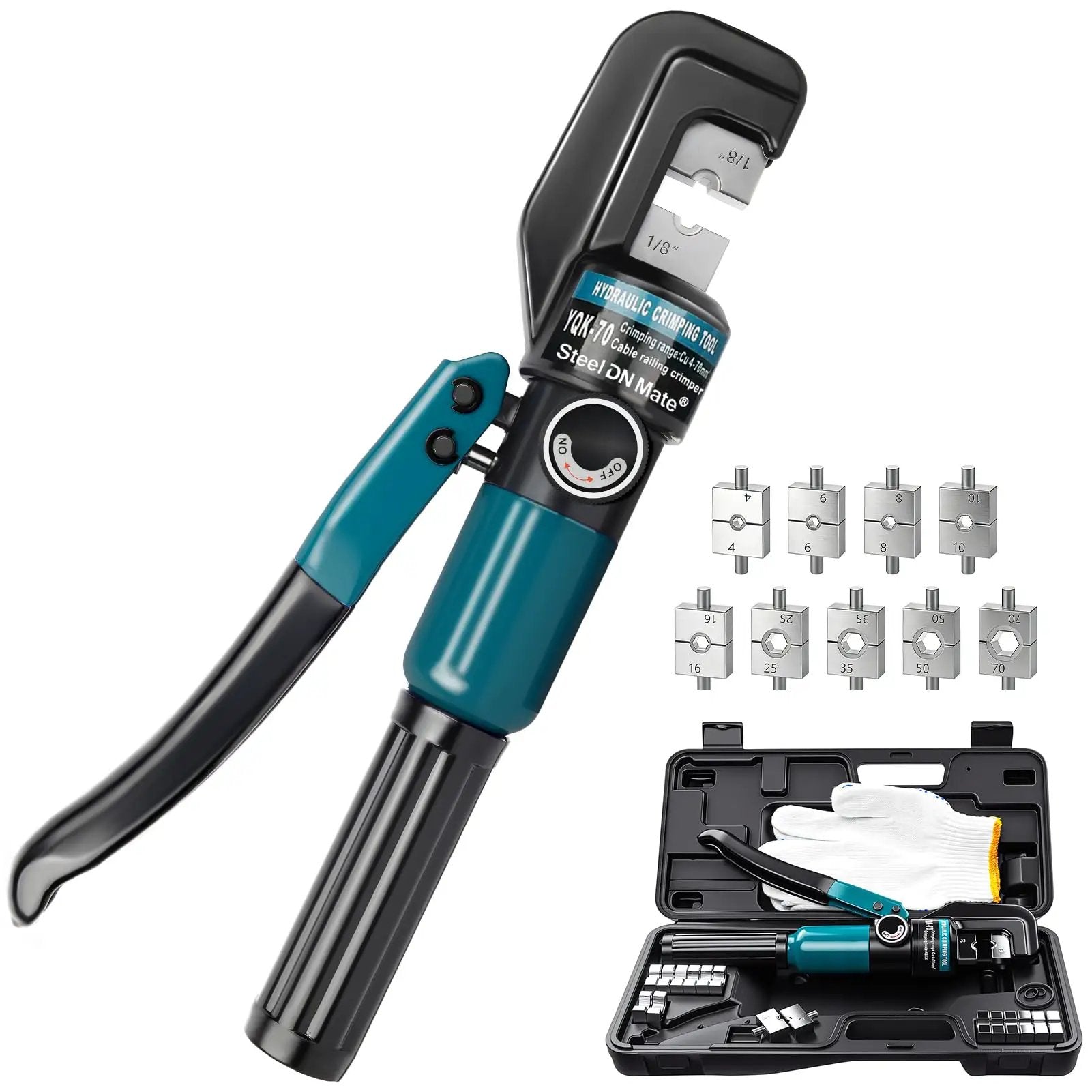 Hydraulic Crimping Tool With Nine Hardened Dies For Stainless Steel Cable Railing, Built To Last From Tough Steel, Lets You Crimp One Eighth To Three Sixteenths Inch Cable Like A Boss, Works Great On DC01 Battery Cables, Smooth Precise Crimp Every Time