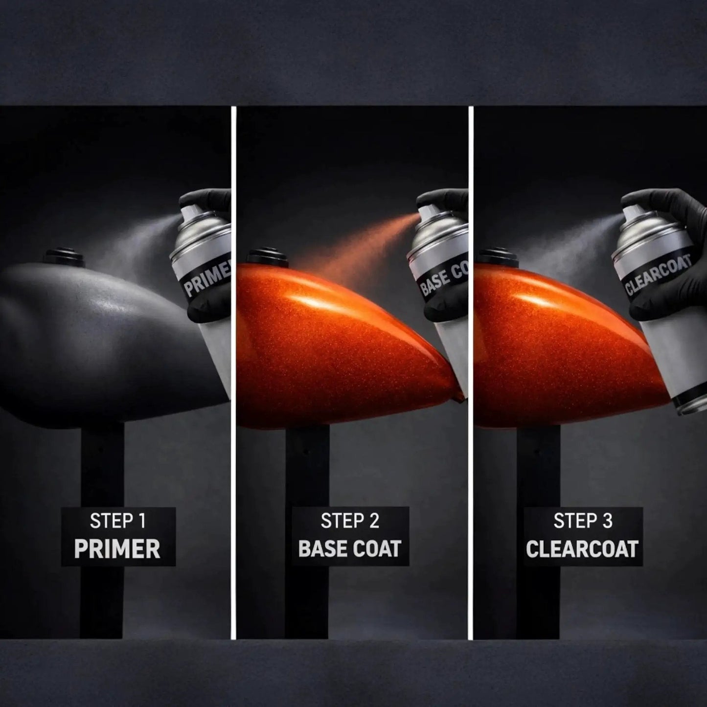 Three-step process showing primer, base coat, and 2K Clearcoat Spray For Automotive Finish With Dual Chamber Activation on car panel.