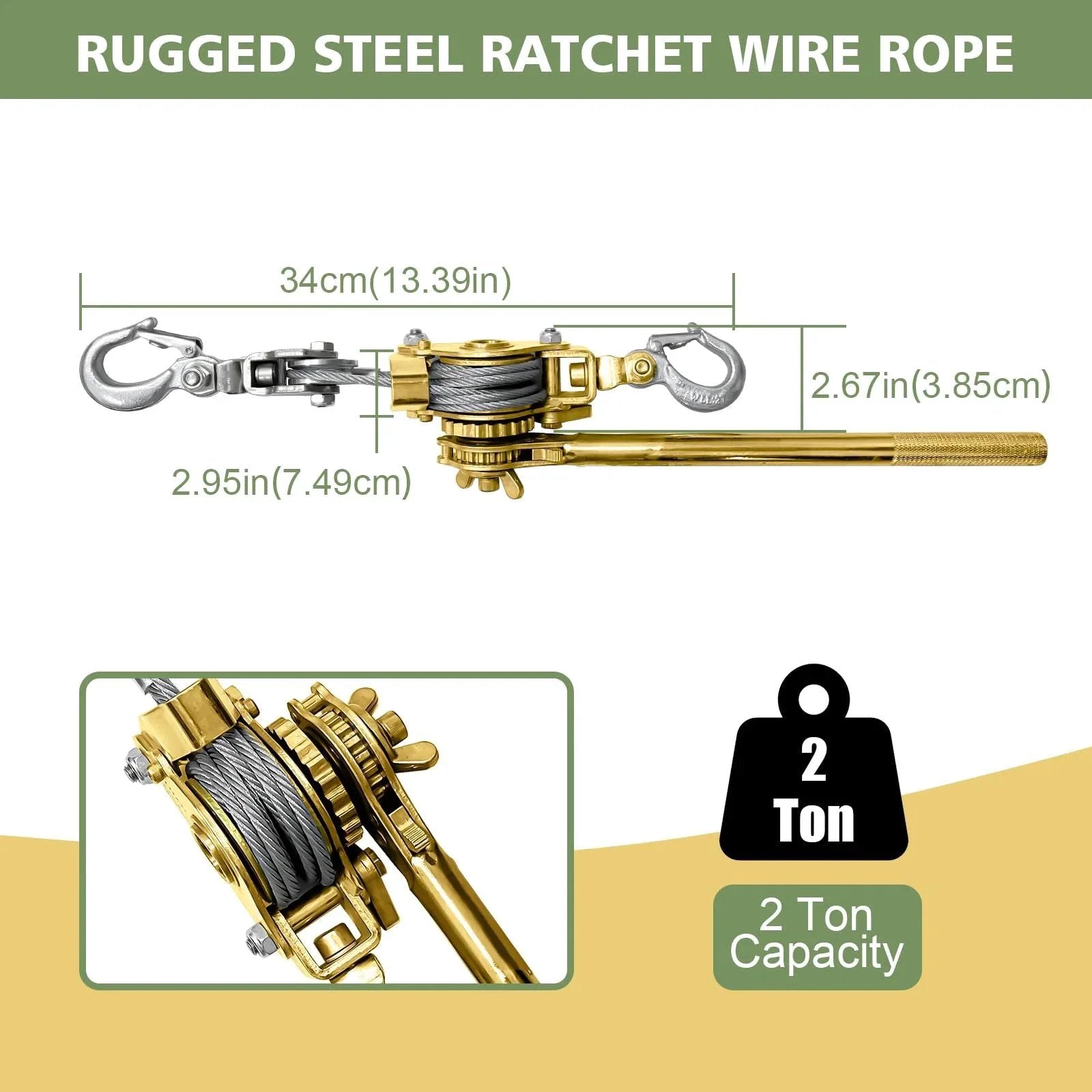 2 Ton Come Along Winch Puller With Double Rope And Two Hooks, Heavy Duty Hand Lever Pulley, Galvanized Steel Cable
