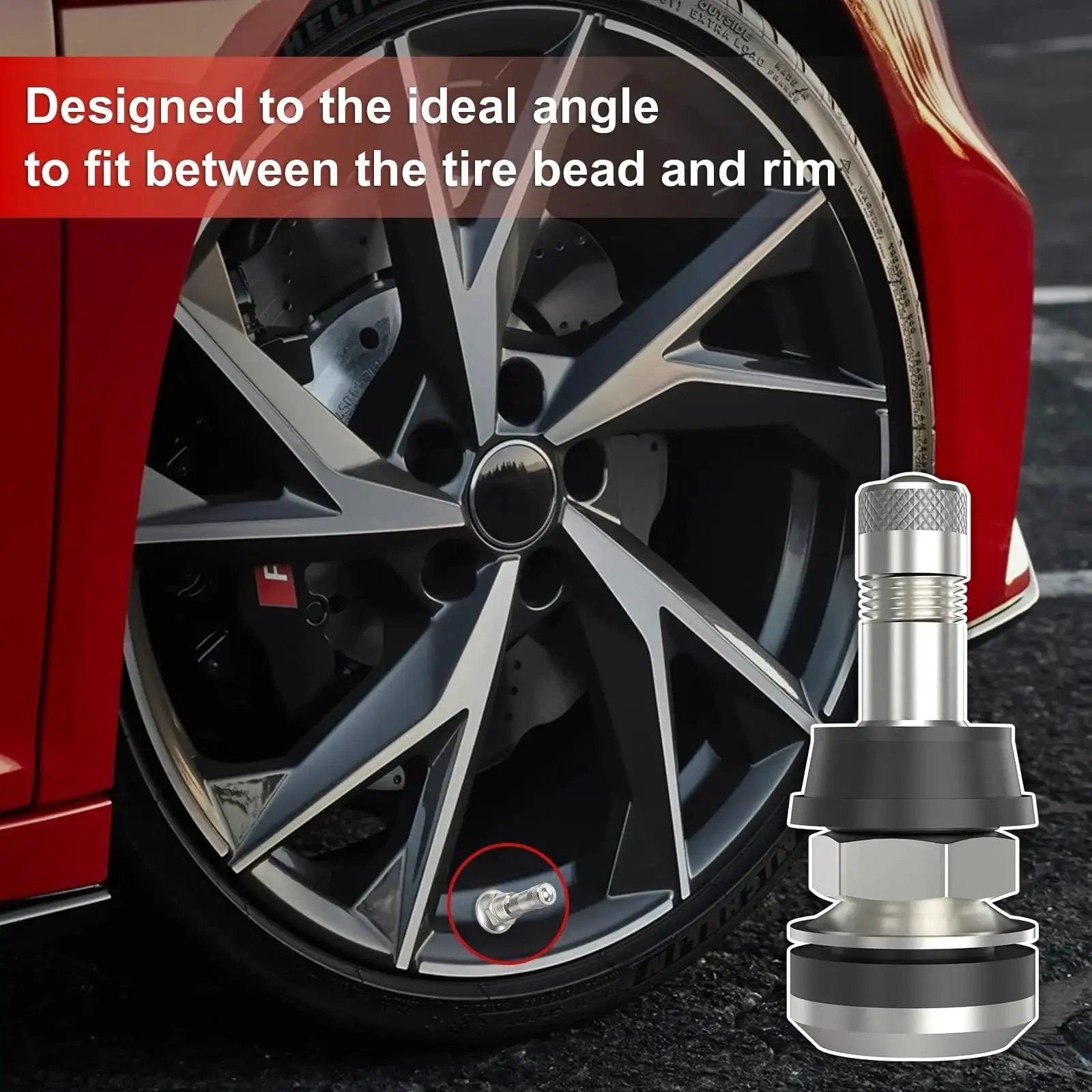 Close-up of a car wheel with 5 Pack Metal Tire Valve Stems Outer Mount Fits 0.453 Inch And 0.625 Inch Rim Holes Brass Chrome Finish EPDM Rubber