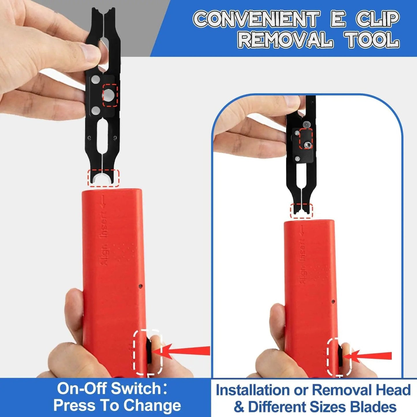 Pro Grade E Clip Snap Ring Kit With Removal And Installation Tool, showing hand using the tool with red handle for E clip removal