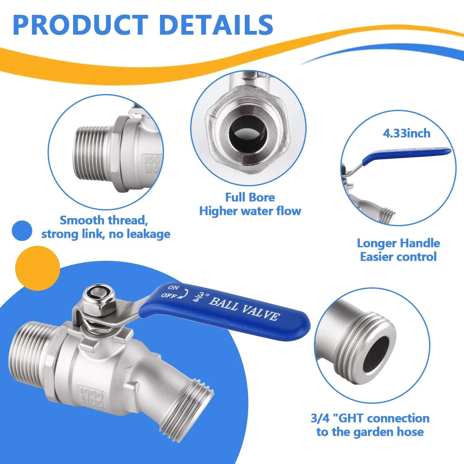 Heavy Duty 304 Stainless Steel Hose Bibb Outdoor Faucet with Three Quarter Inch NPT to GHT, Blue Lever Handle, Close-up of Valve and Threads
