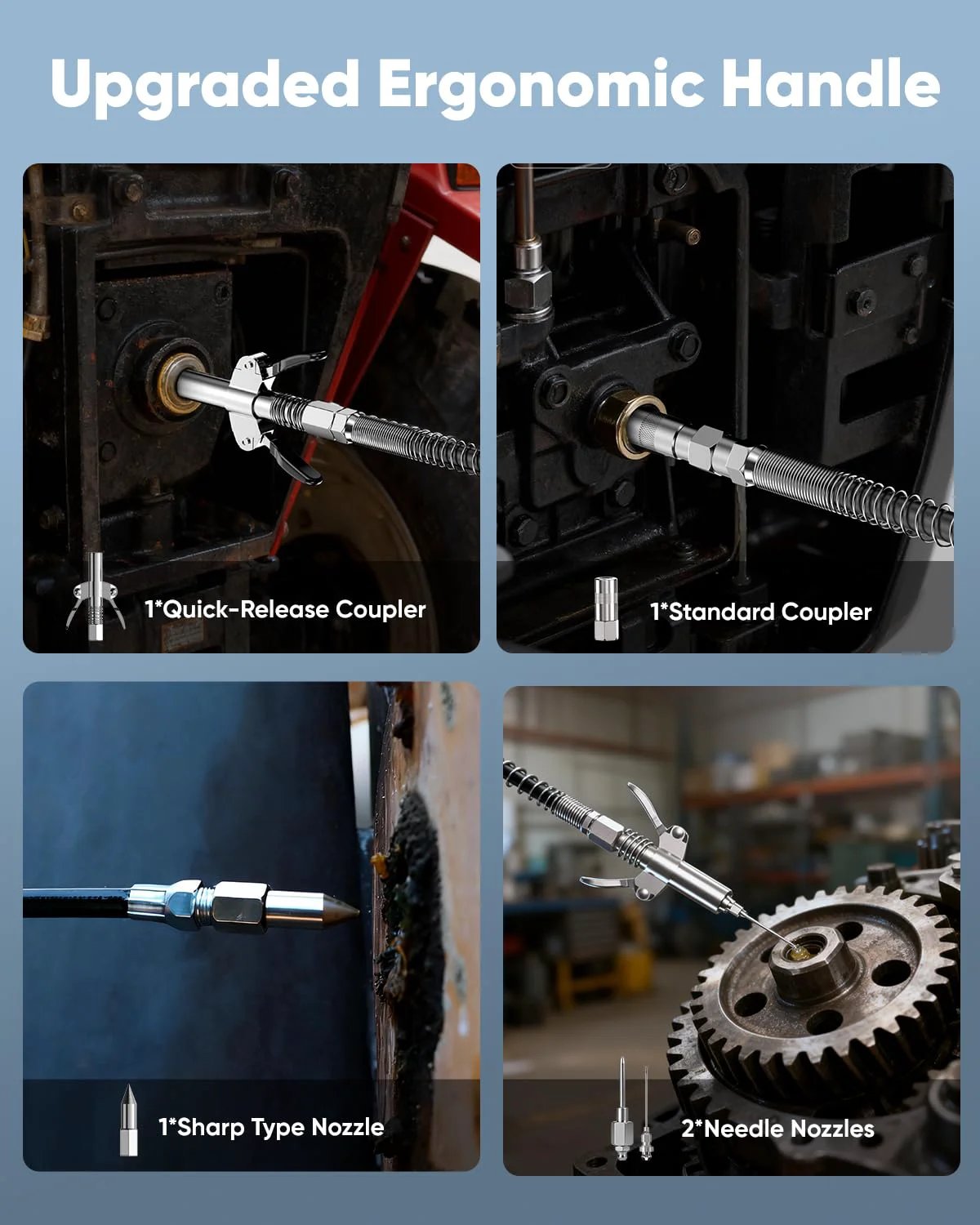 Heavy Duty 8000 PSI Manual Grease Gun Kit with Pistol Grip air bleed valve shown with flexible hose and nozzles in use