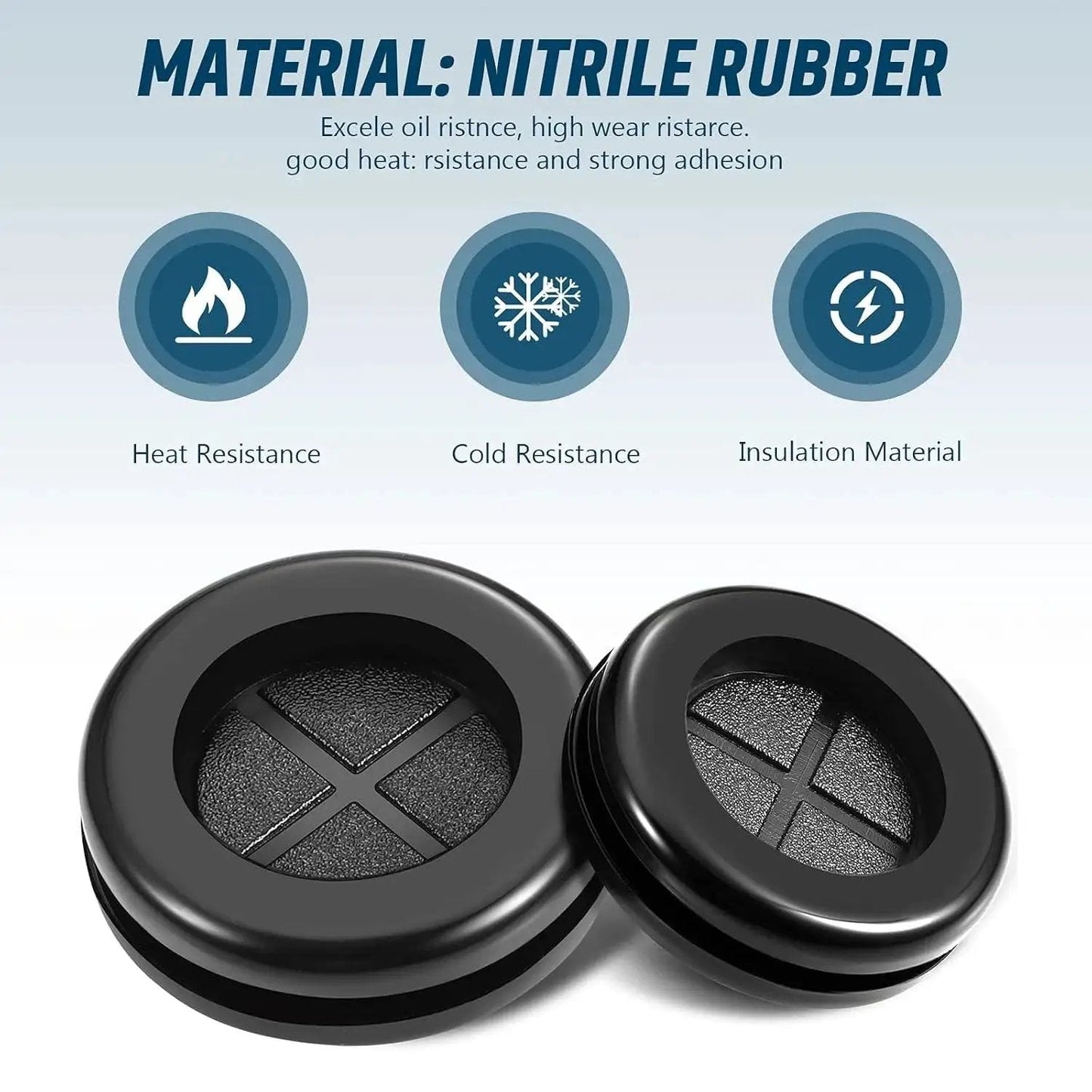 Round Rubber Grommet Kit 52 Pieces In 7 Sizes Black Double Sided Firewall Gasket, showcasing heat, cold, and insulation resistance.