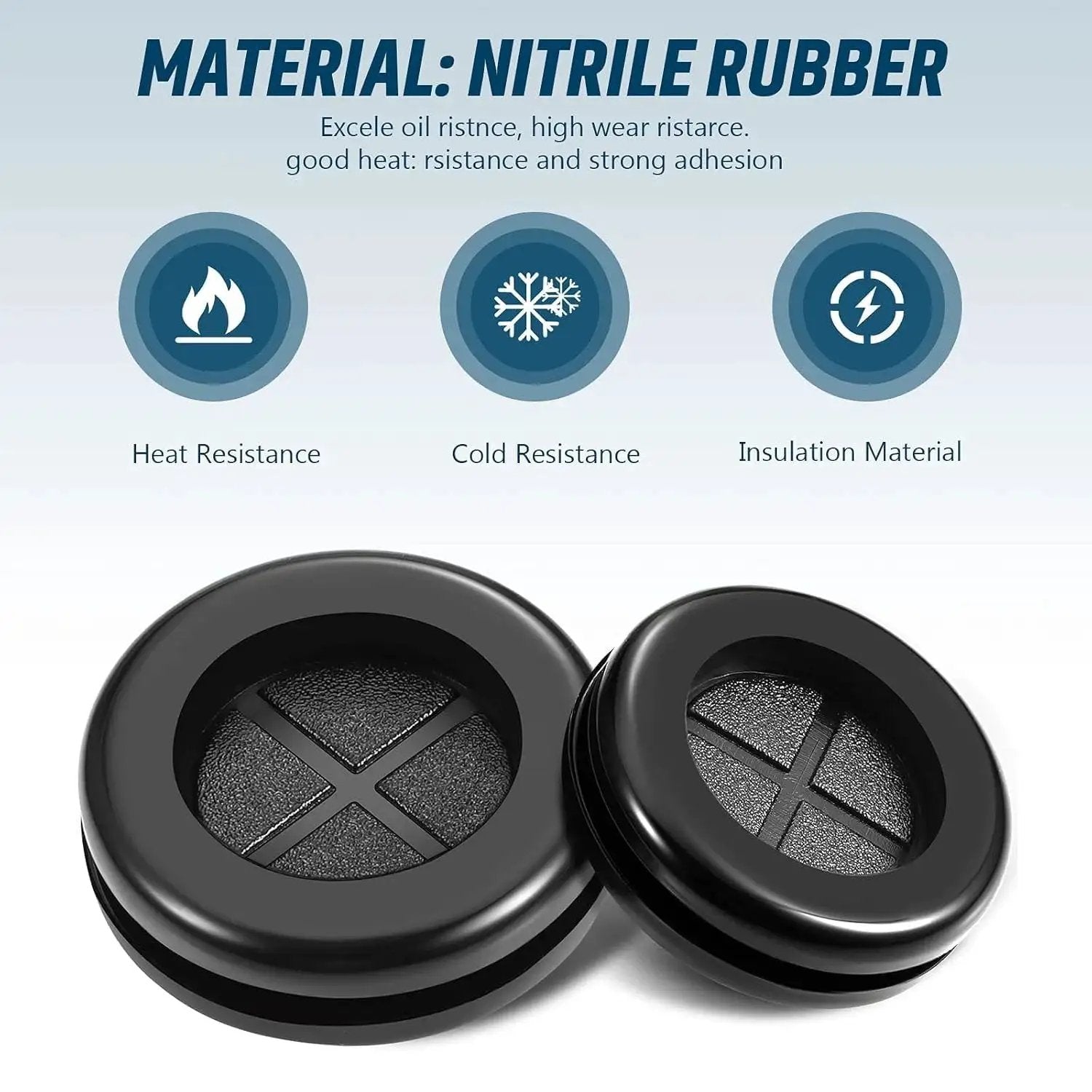 Round Rubber Grommet Kit 52 Pieces In 7 Sizes Black Double Sided Firewall Gasket, showcasing heat, cold, and insulation resistance.