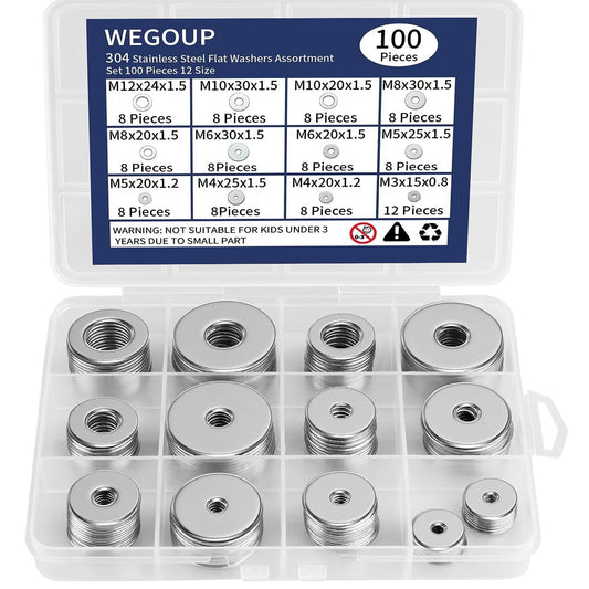 304 Stainless Steel Washers Kit For Screws And Bolts, 100 Pieces Assorted M3 To M12, Heavy Duty Washer Set For Auto, Construction And Plumbing, Rust Resistant For Indoor And Outdoor Use